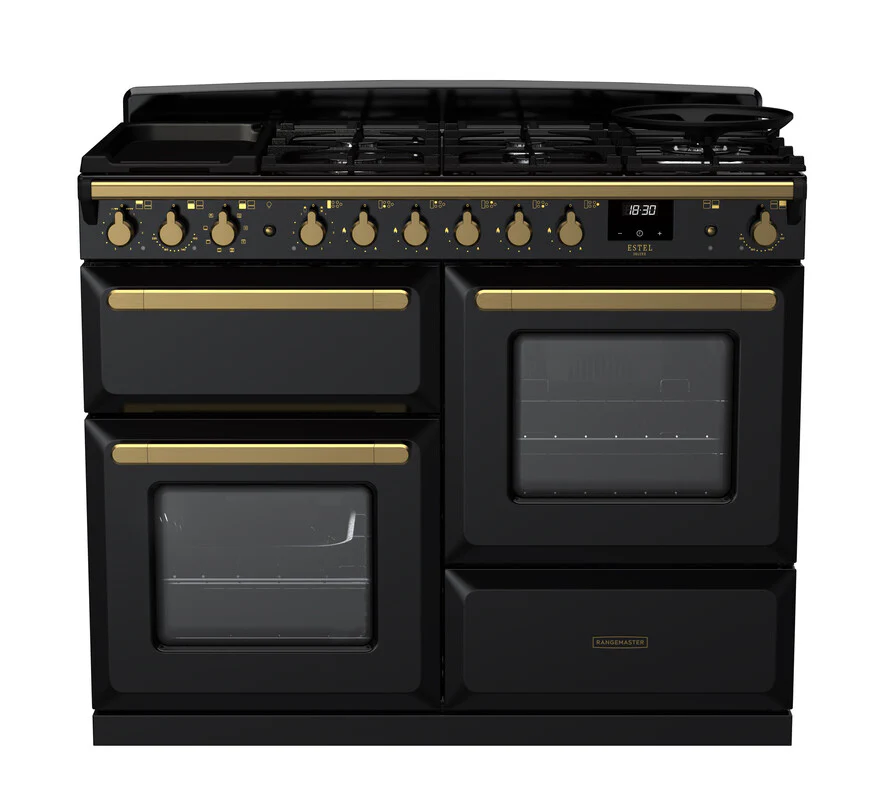 Rangemaster Estel Deluxe 110 Dual Fuel-  Gloss Black/Brass Trim| ESDLO110DFPGBL