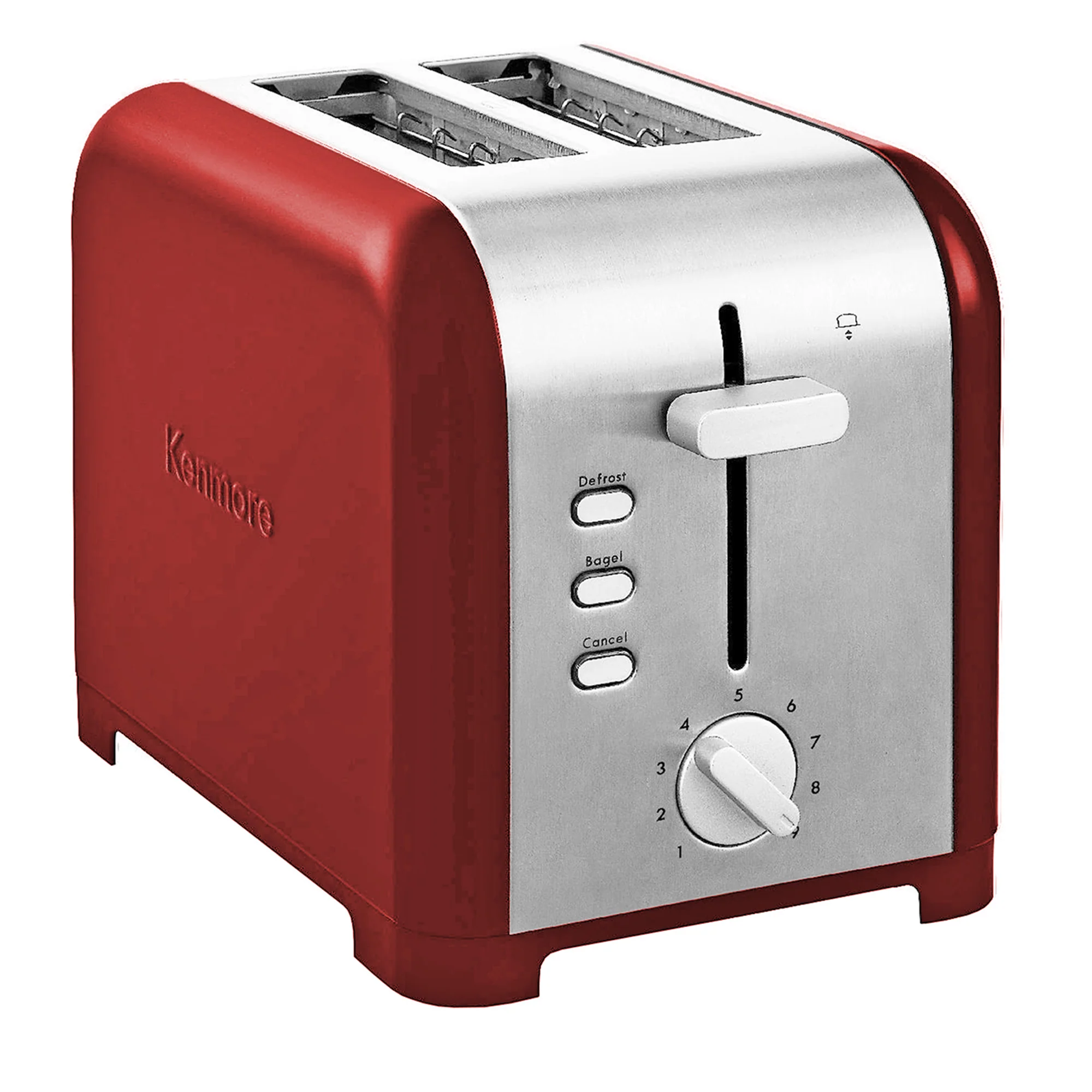 Kenmore 2-Slice Stainless Steel Toaster, Red & Silver, Extra Wide Slots, Bagel & Defrost Functions, 9 Browning Levels, Removable Crumb Tray, For Bread, Toast, English Muffin, Toaster Strudel