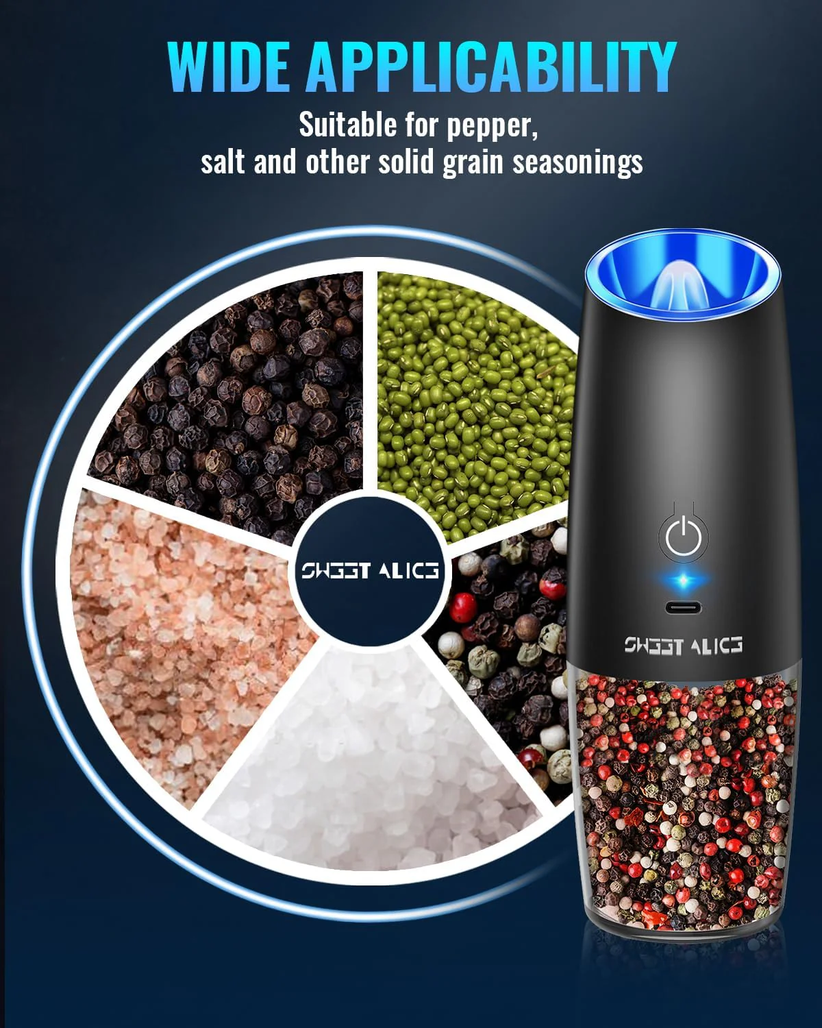Electric Salt & Pepper Grinder Set, Adjustable Coarseness, LED, One-Hand Use, Stainless Steel 2-Pack