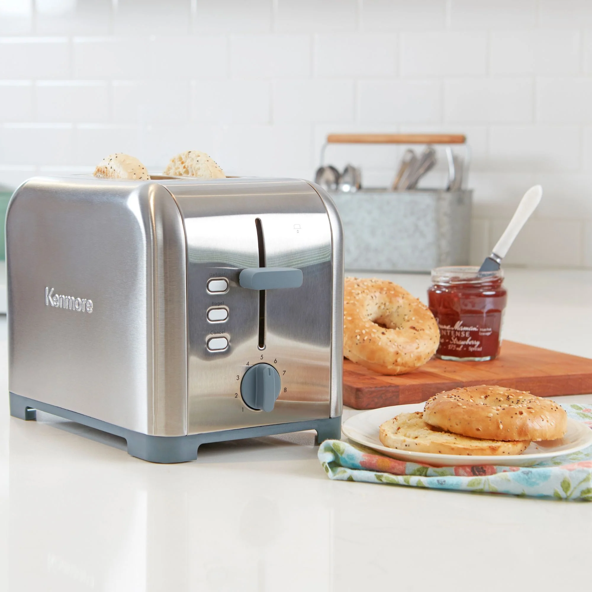 Kenmore 2-Slice Stainless Steel Toaster, Silver & Gray, Extra Wide Slots, Bagel & Defrost Functions, 9 Browning Levels, Removable Crumb Tray, For Bread, Toast, English Muffin, Toaster Strudel
