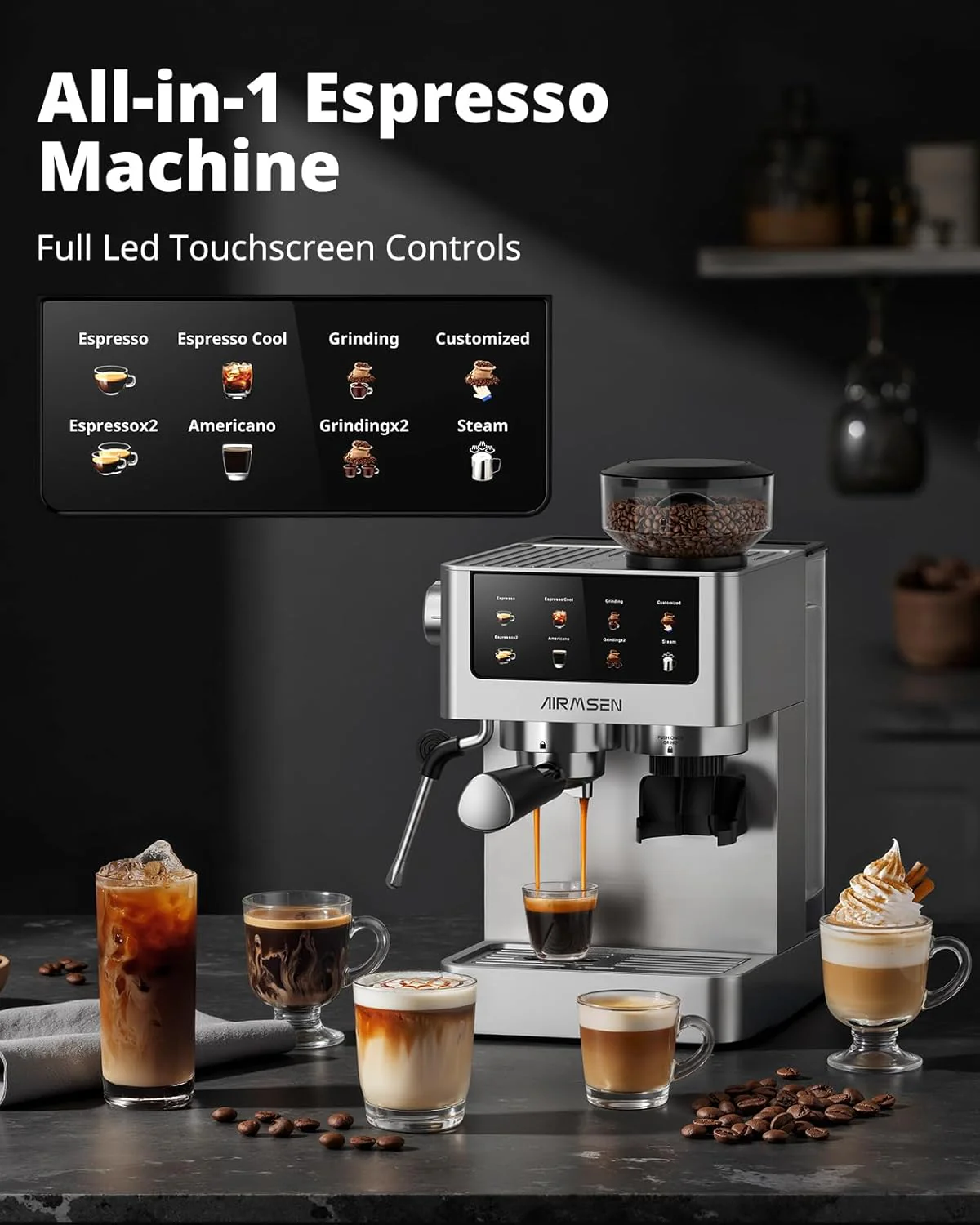 Espresso Machines with Conical Burr Grinder, 20 Bar - Cappuccino Latte Maker Compatible with Iced Coffee & Americano