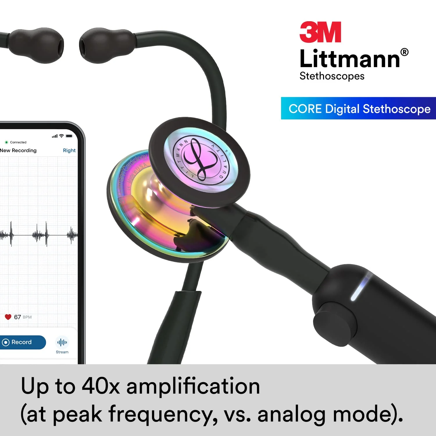 Digital Stethoscope, Advanced Up To 40x Amplification, Active Noise Cancellation, In-App Sound Wave Visualization