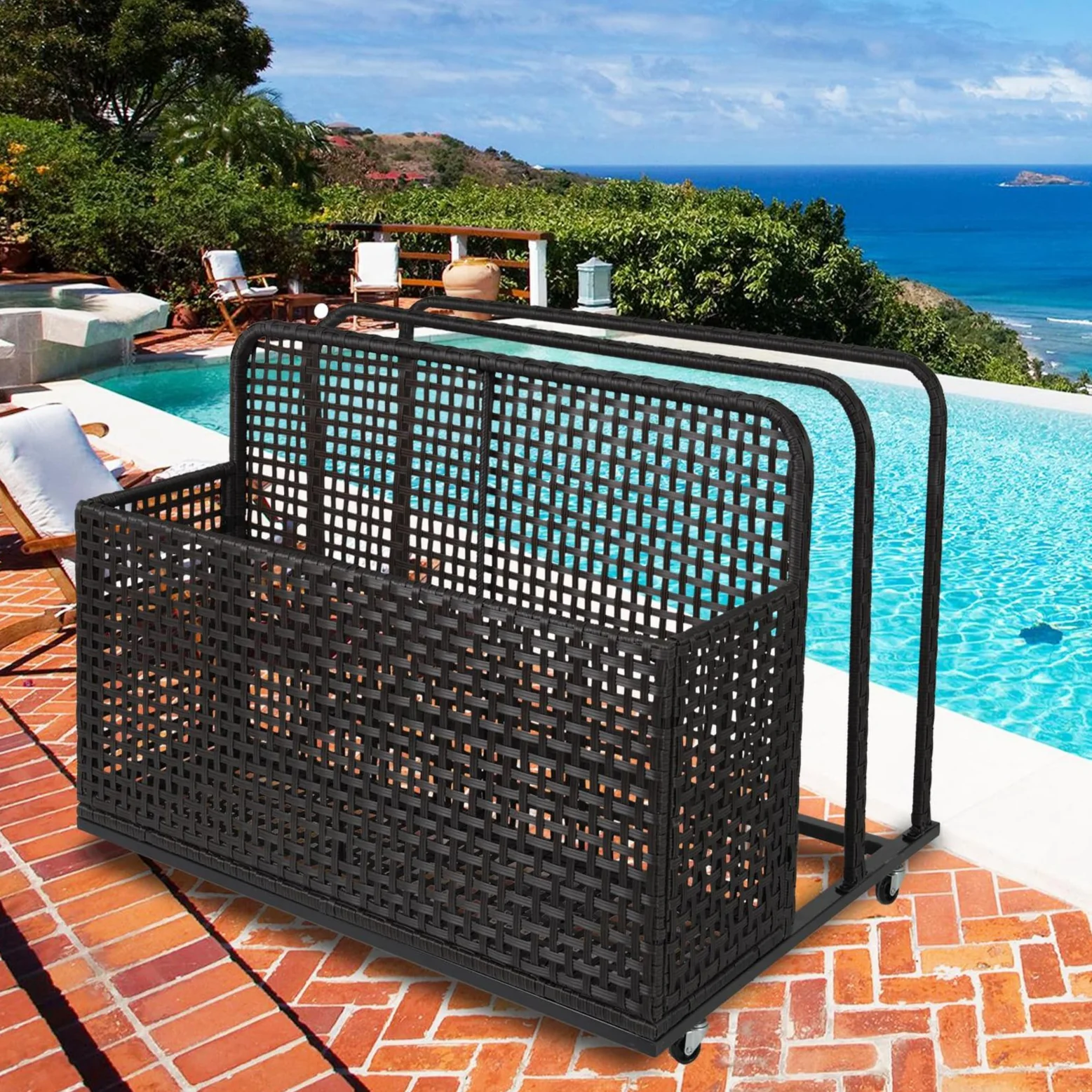Garvee 2-Tier Rolling Pool Storage Basket – PE Rattan Outdoor Organizer with Locking Wheels for Floaties, Beach Toys & Patio Accessories – Sturdy Steel Frame, Water-Resistant Design, Black Brown
