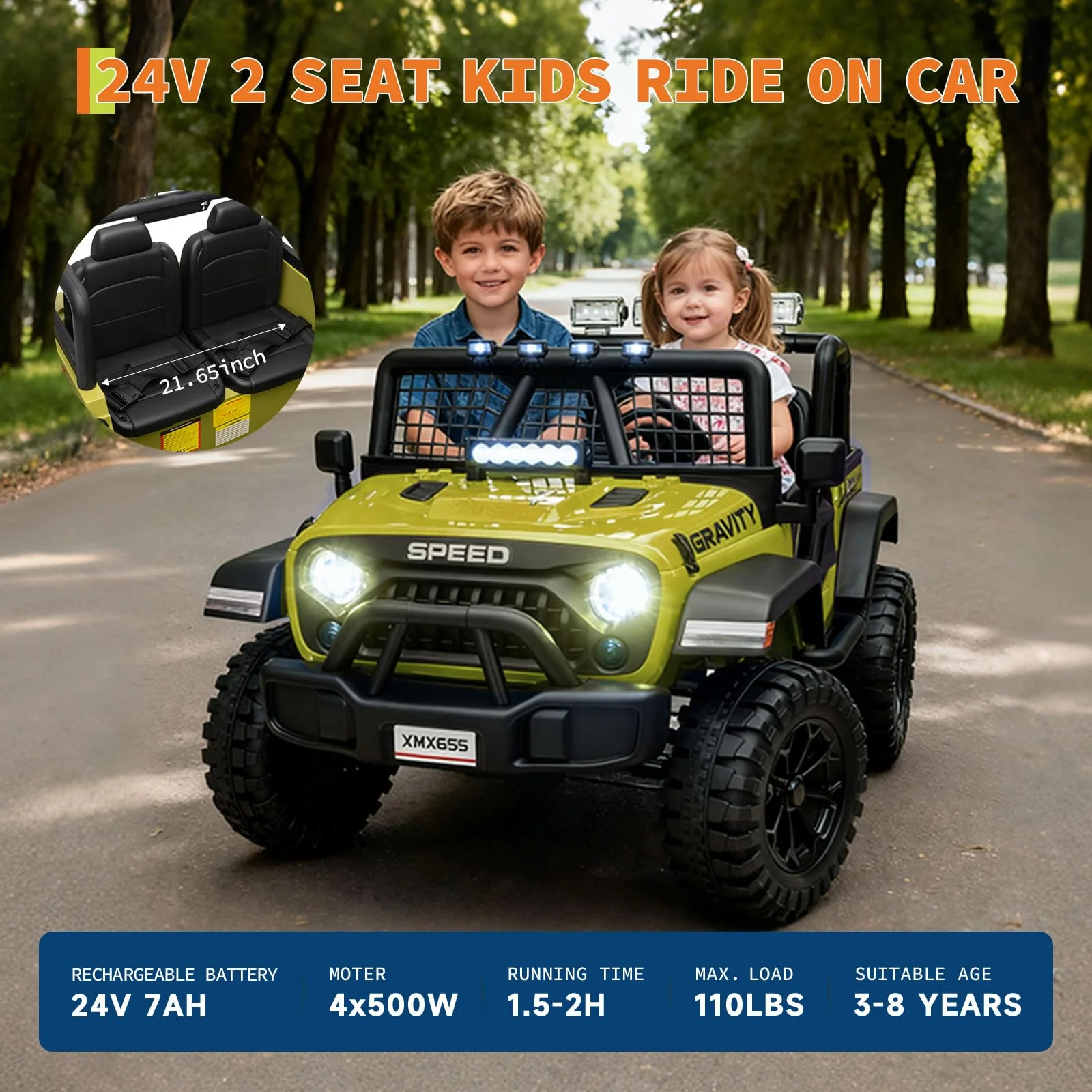 Garvee 2 Seater Ride On Car for Kids, 24V Electric Truck with Remote Control, Spring Suspension, Green, 47.2