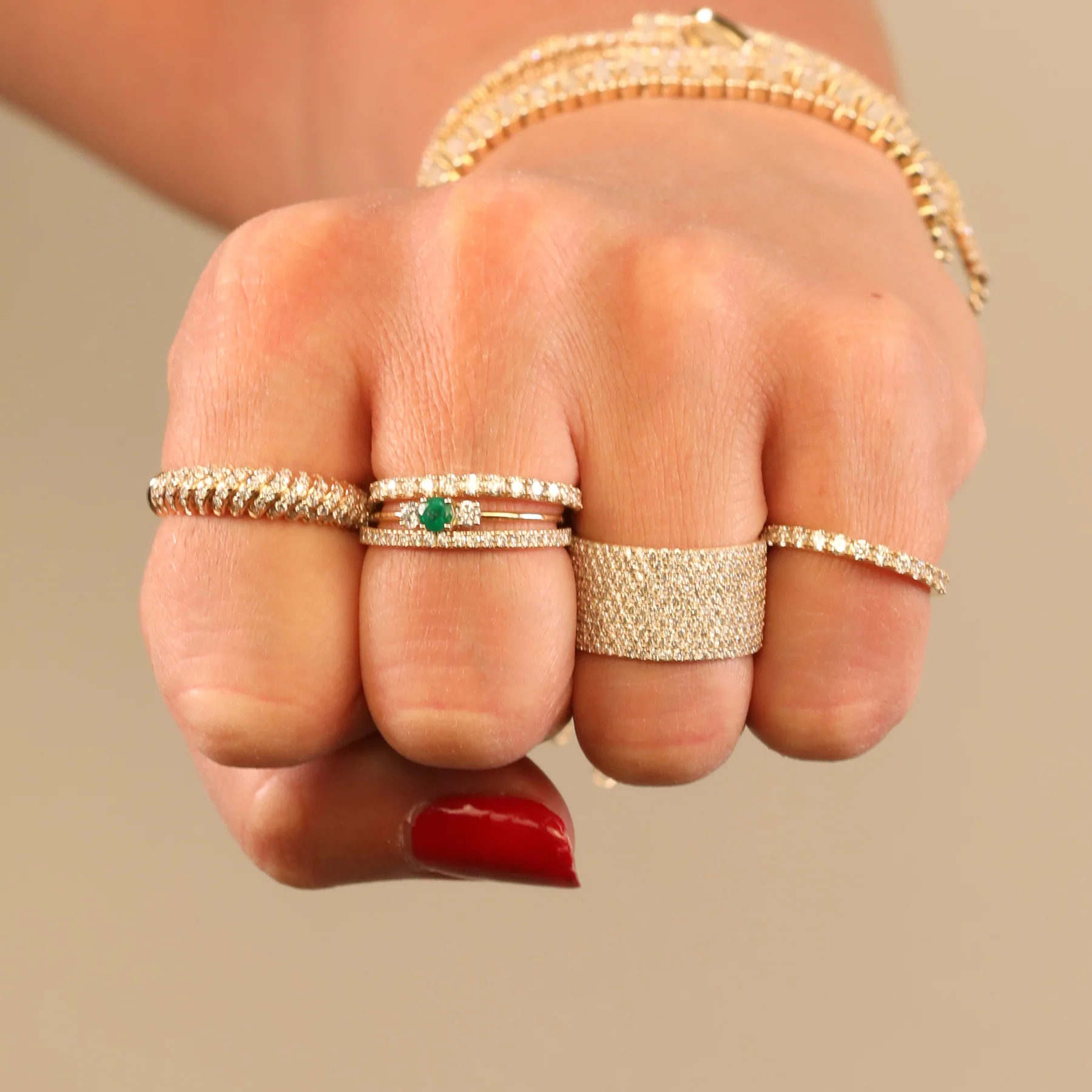 Three Stone Band - White Diamond and Emerald / 14k Yellow Gold