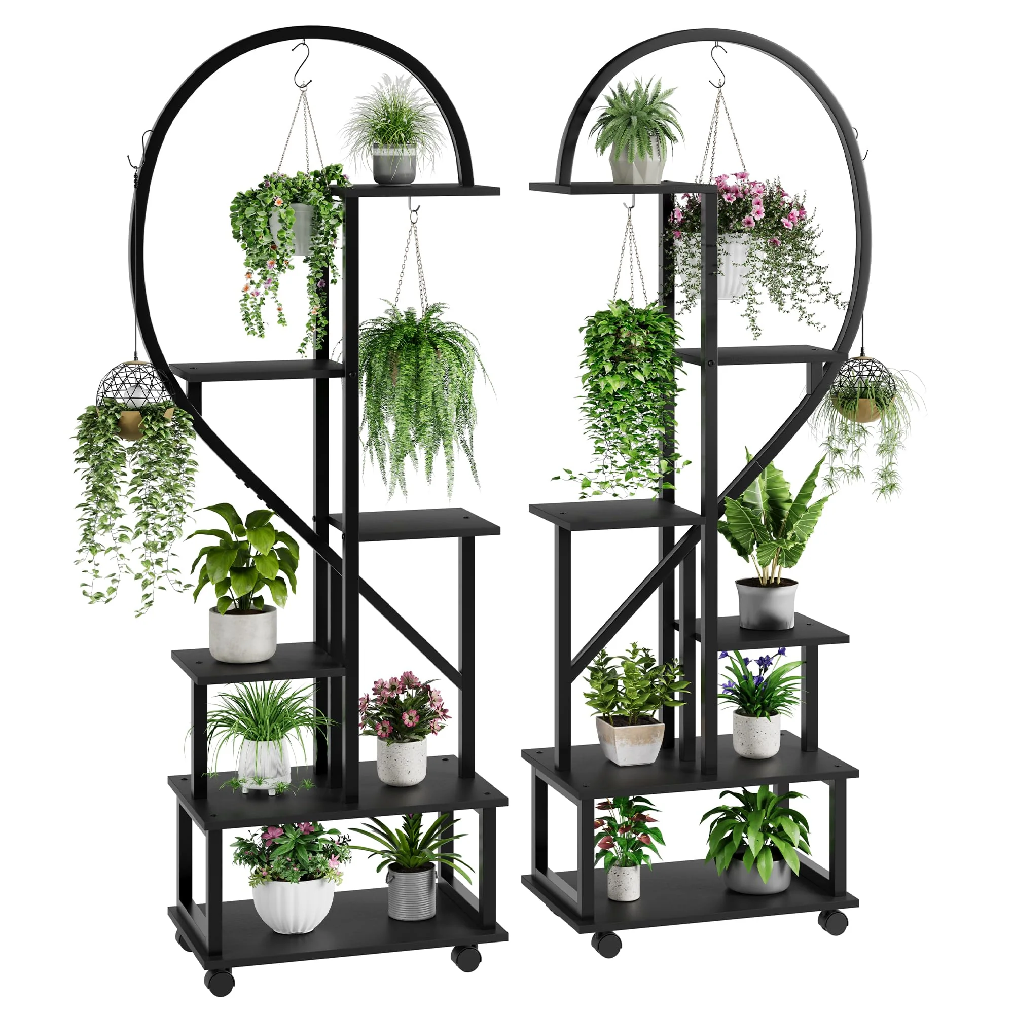 Garvee 2-Pack 6-Tier Tall Metal Plant Stands with Detachable Wheels - Half Heart Shape with Drawers, Large Indoor/Outdoor Display for Home & Garden