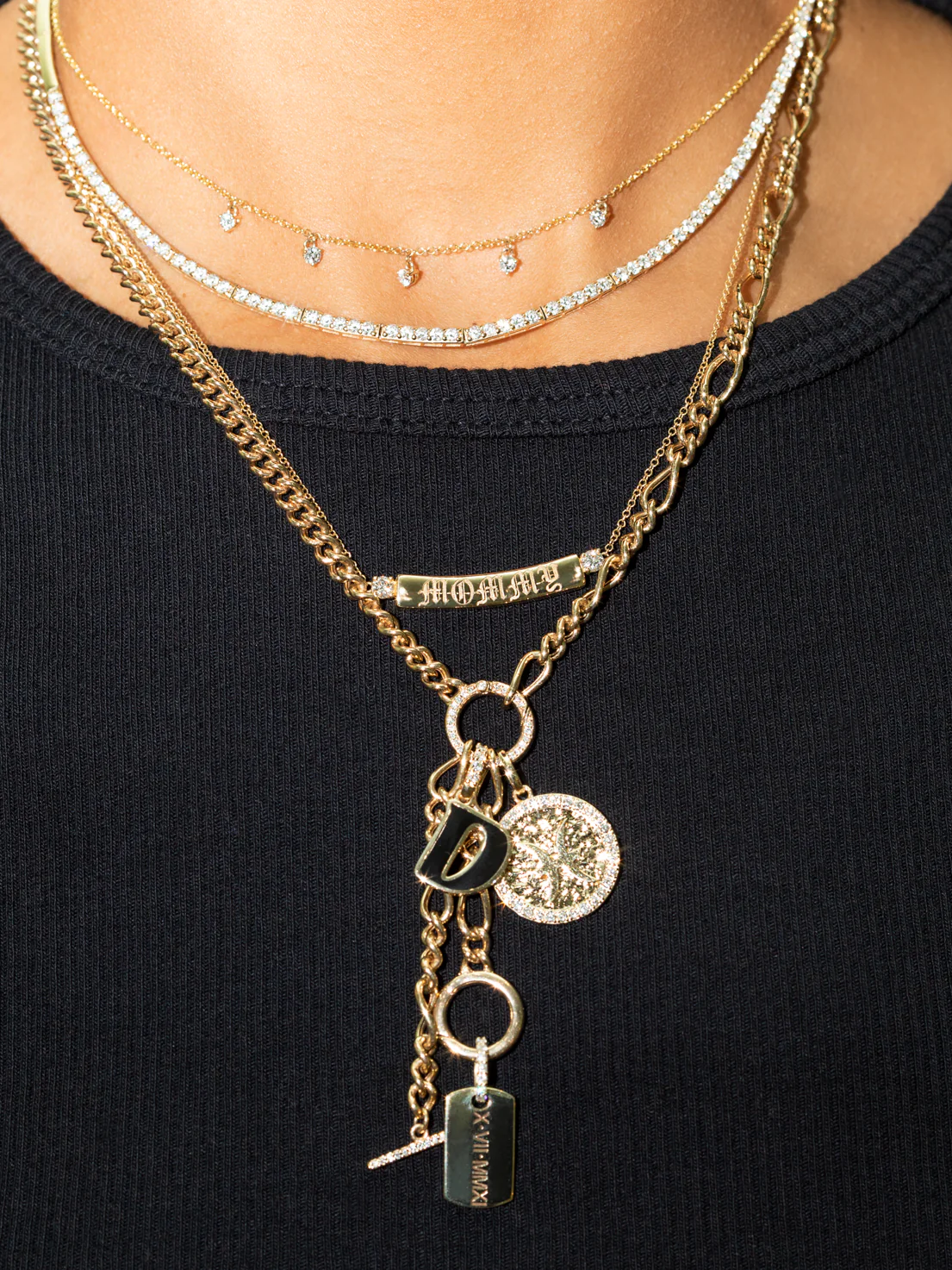 Enamel Letter Pendant - White Diamond and Black Enamel / 14k Yellow Gold