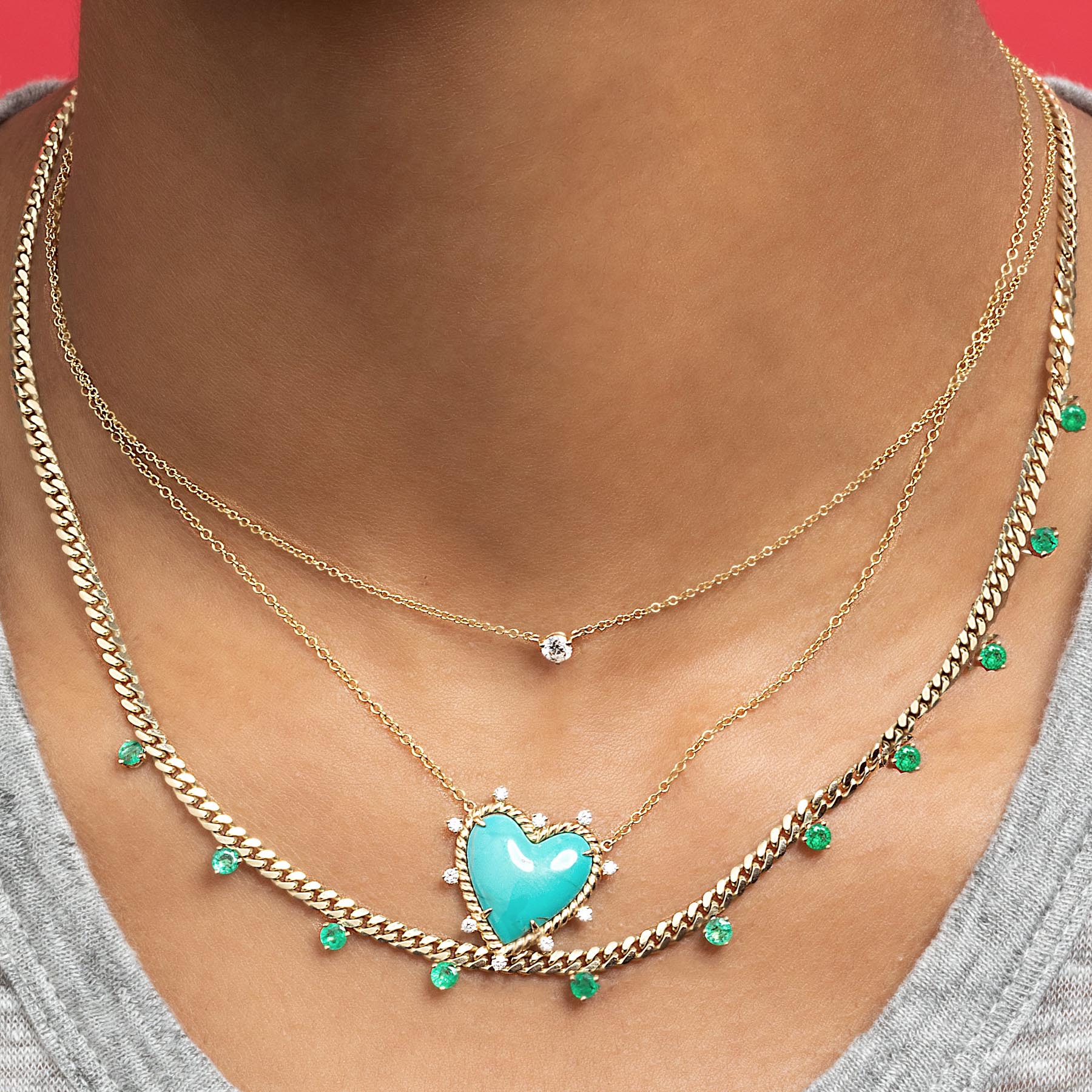 Heart Twist Necklace - White Diamond and Turquoise / 14k Yellow Gold