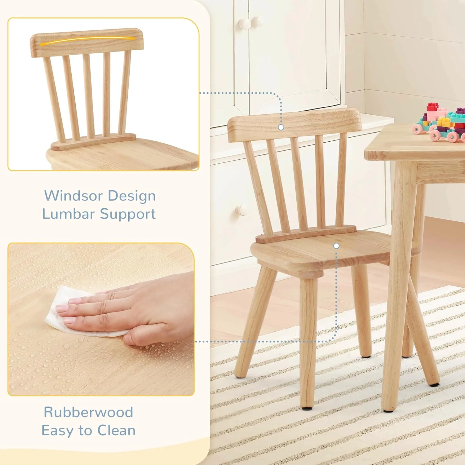 Kids Table and Chair Set - Rubberwood with Non-Slip Legs and Round Edges