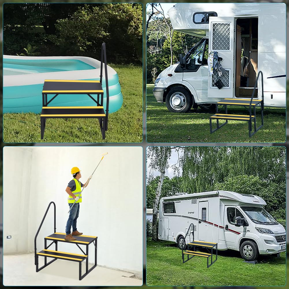 Garvee 2 Step RV Stairs with Handrail, Hot Tub Steps Metal with Non-Skid Tapes, Portable Stairs Steps for RV, Mobile Home Stairs Travel Trailers, Camper, Hot Tub, Ground-Pool for Indoor & Outdoor