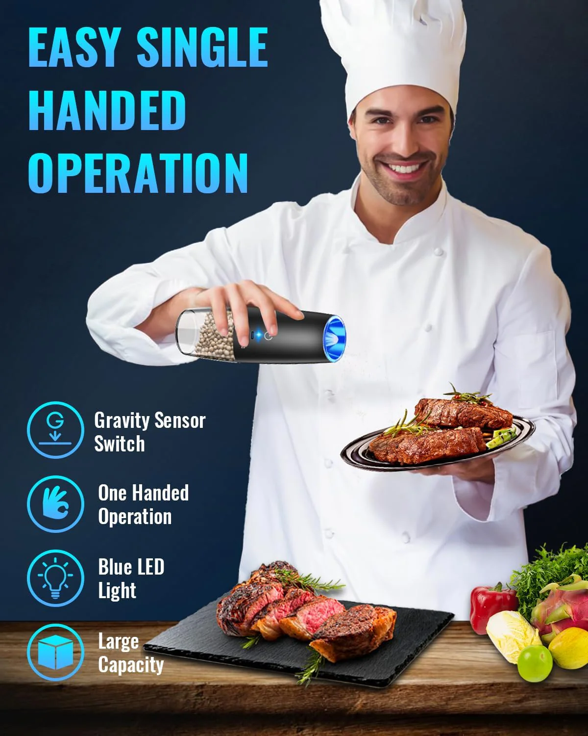 Electric Salt & Pepper Grinder Set, Adjustable Coarseness, LED, One-Hand Use, Stainless Steel 2-Pack