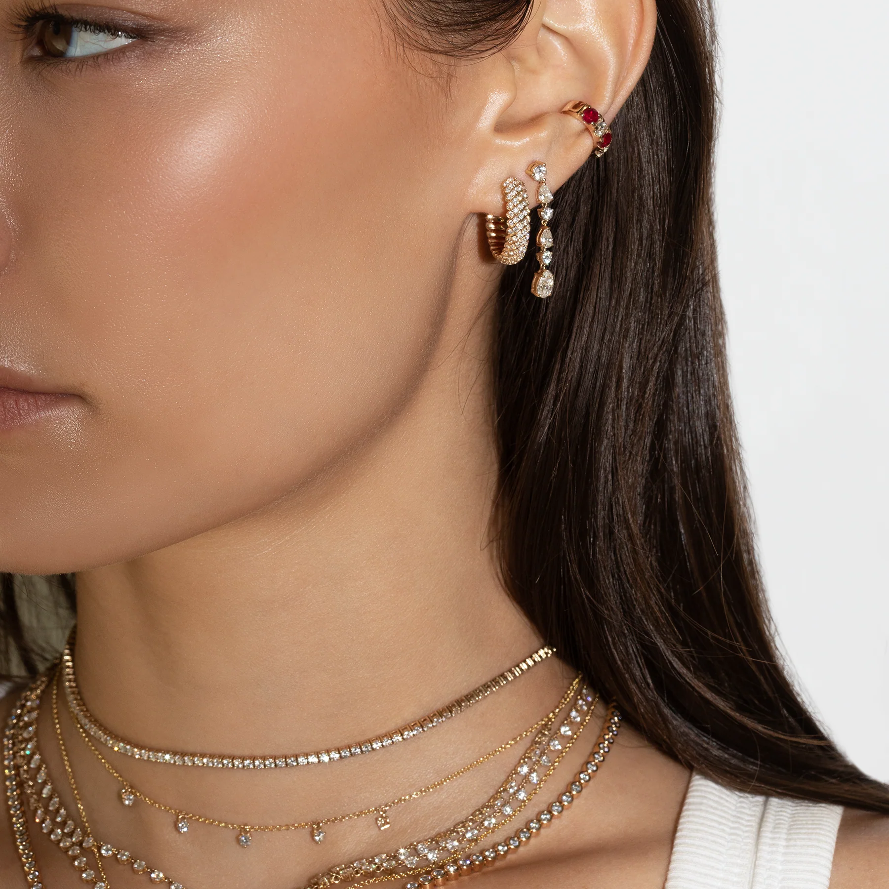 Classic Ear Cuff - White Diamond and Ruby / 14k Yellow Gold