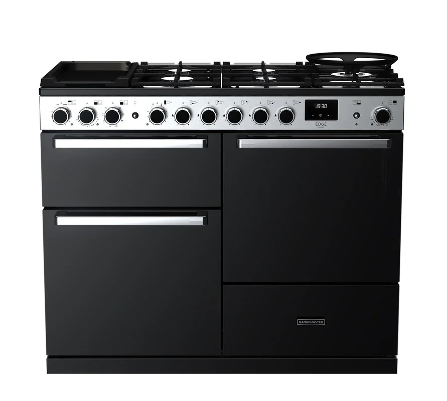 Rangemaster Edge Deluxe 110cm Dual Fuel Range Cooker Black Glass/Chrome | EDDLO110DFGBLK/CM1
