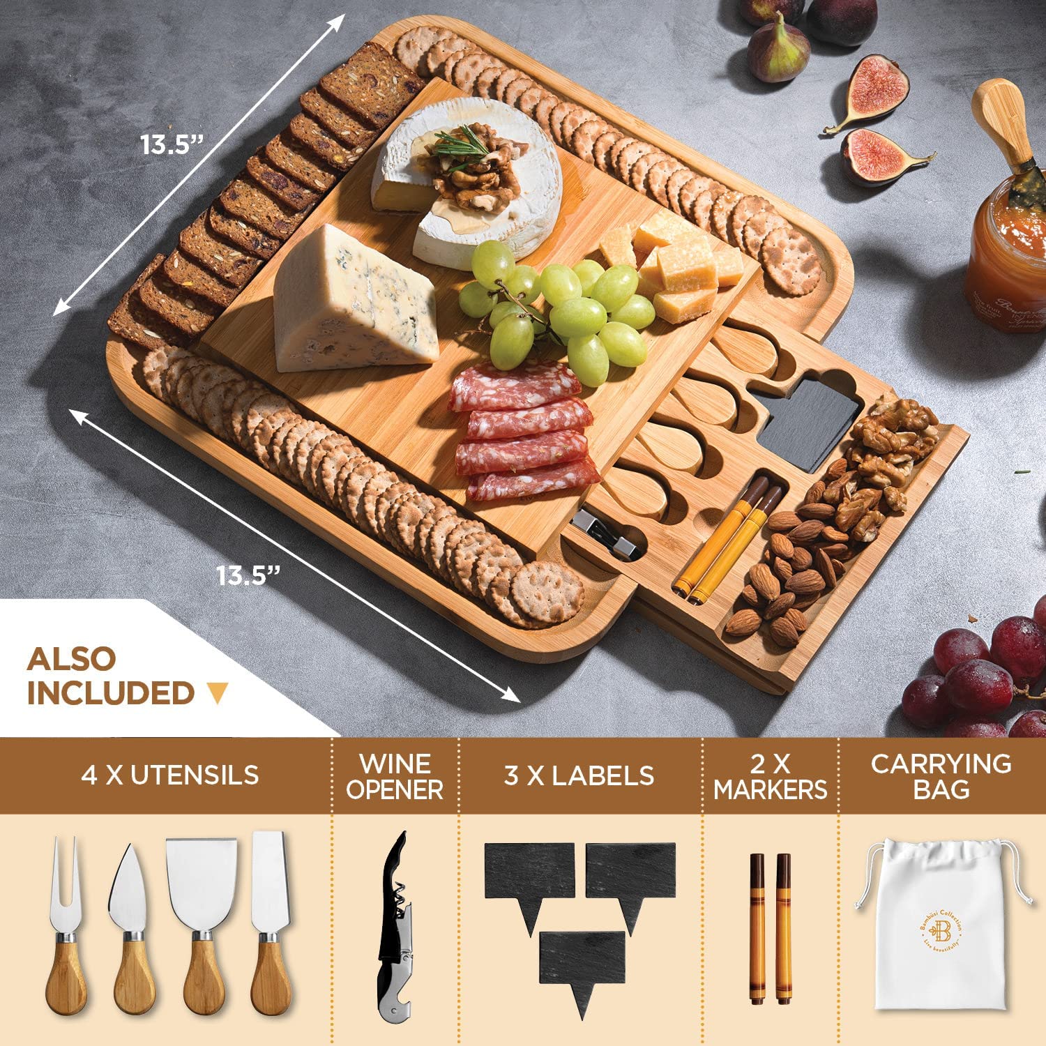 Cheese Board and Knife Set - Premium Bamboo Wood Charcuterie Board Set