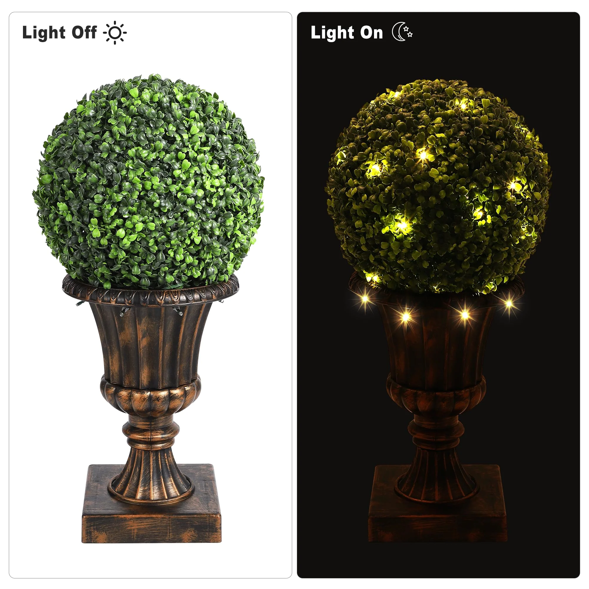 Garvee 2 PCS 12” Artificial Plant Topiary Ball with Pot, Faux Boxwood Balls with LED, Topiary Balls Artificial Outdoor Set of 2 for Backyard, Balcony, Garden, Wedding, and Home Décor