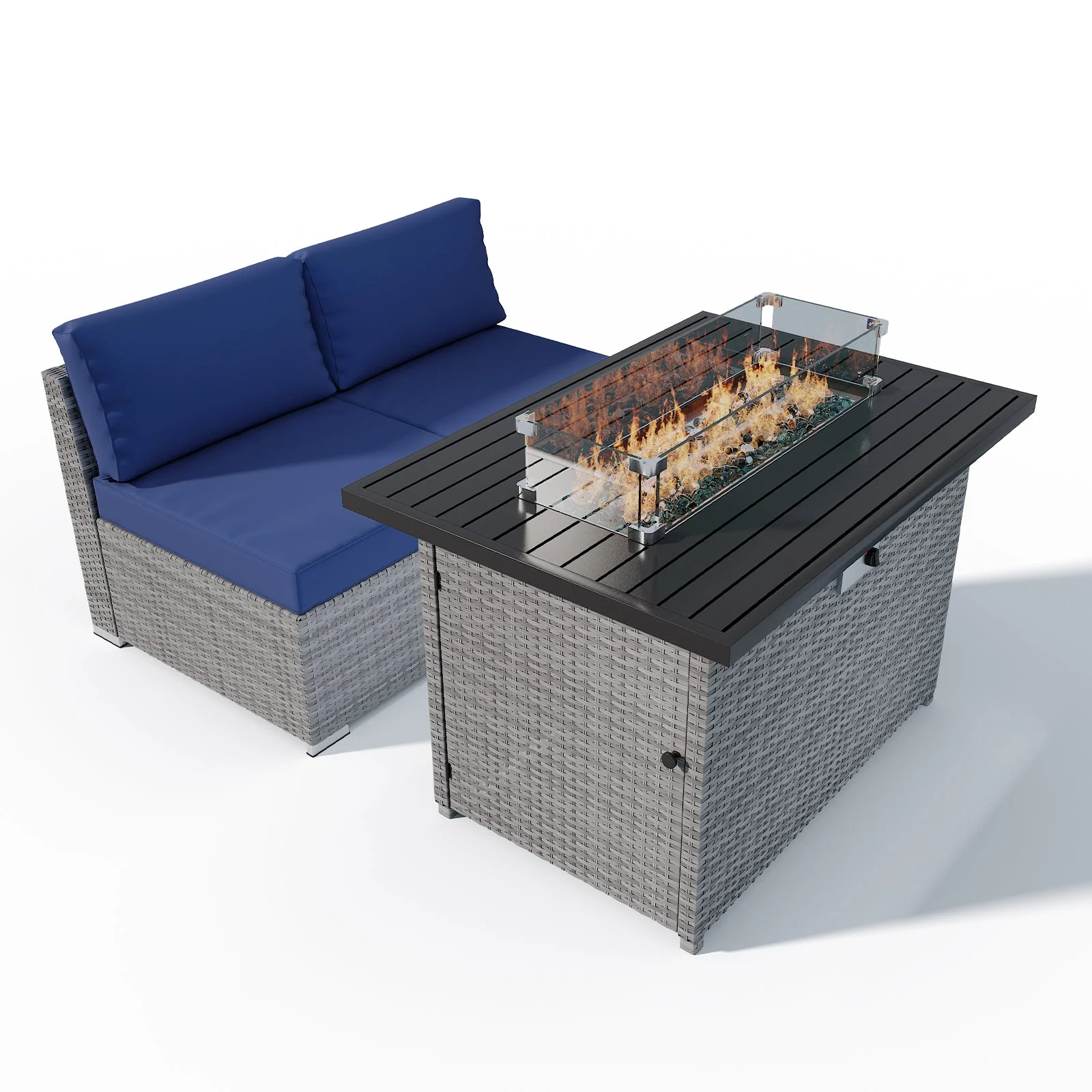 3 Piece Outdoor Armless Wicker Sofa Set with Fire Table, Sectional Wicker Loveseat Sofa