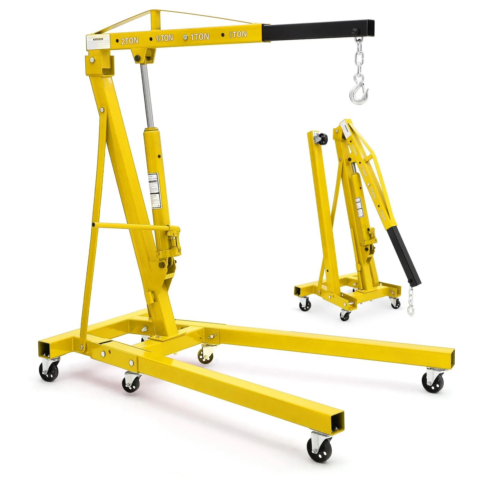 Garvee 2-Ton Folding Engine Hoist - 4400 lbs Capacity Cherry Picker Hydraulic Shop Crane with Telescoping Boom, 6 Caster Wheels, Hitch, and Storage Stand for Automotive Repair and Garage Use, Yellow