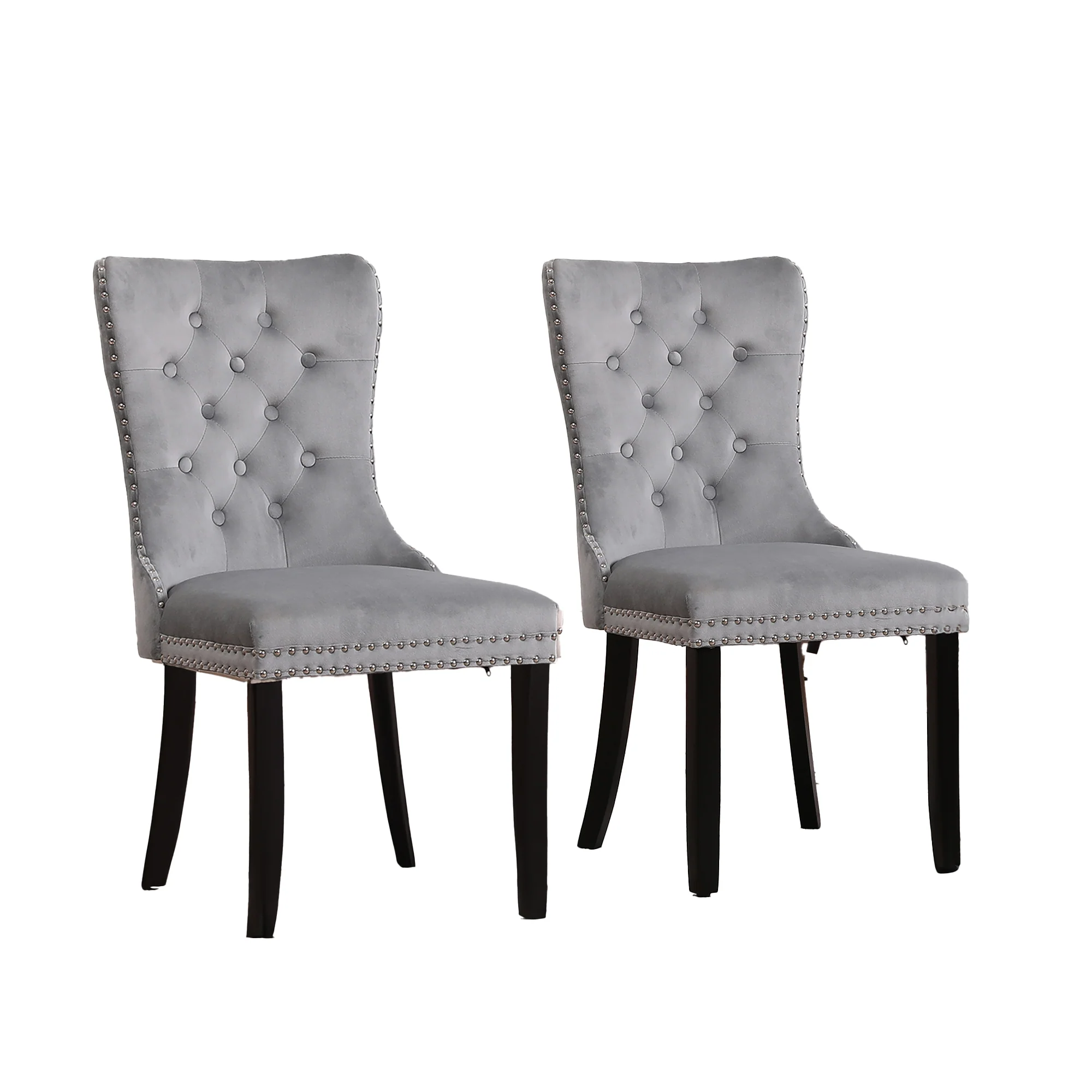 Neo Set Of Two Grey Studded Velvet Dining Table Chairs with Ring Knocker