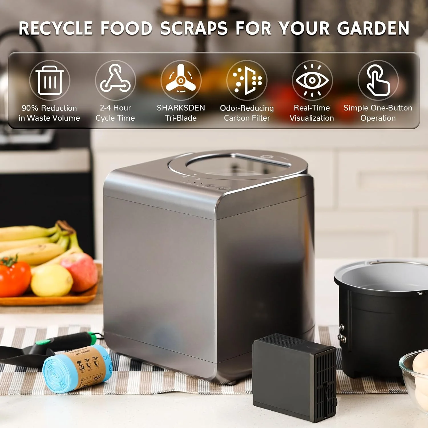 Electric Kitchen Composter, 2.5L Capacity, Turn Food Waste and Scraps into Dry Compost