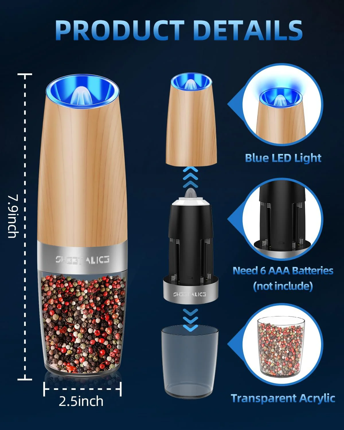 Electric Salt & Pepper Grinder Set, Adjustable Coarseness, LED, One-Hand Use, Stainless Steel 2-Pack