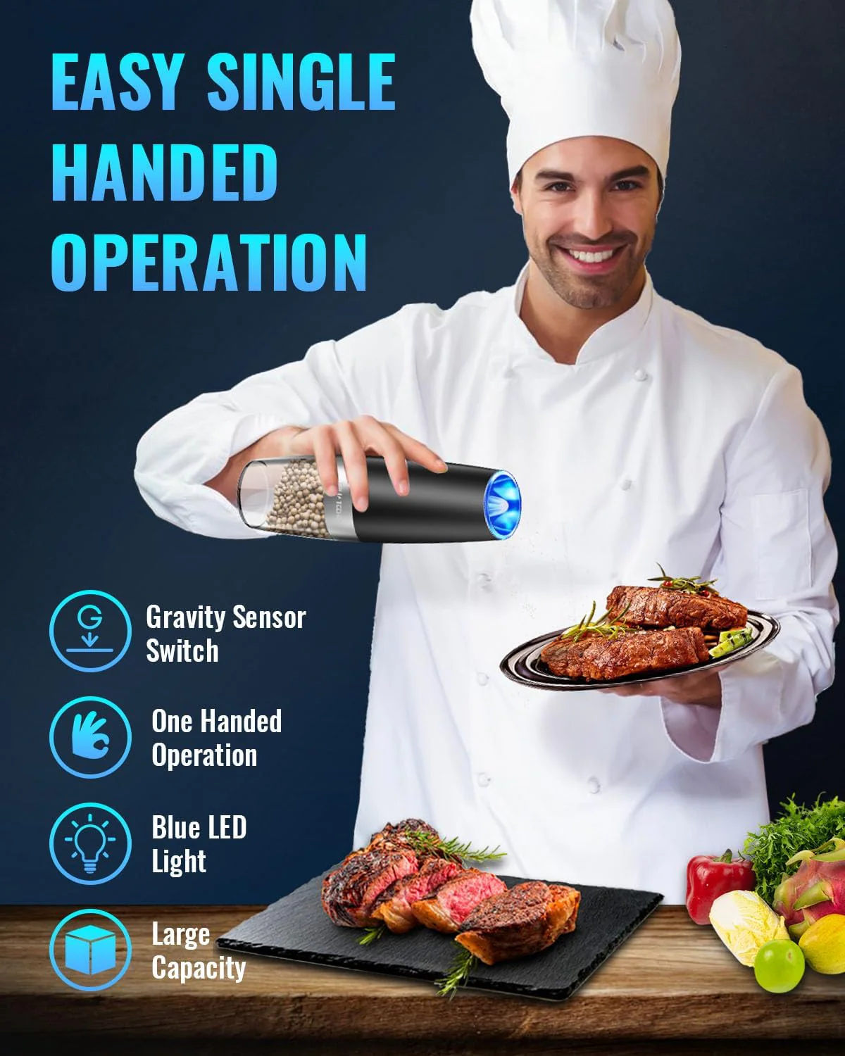 Electric Salt & Pepper Grinder Set, Adjustable Coarseness, LED, One-Hand Use, Stainless Steel 2-Pack