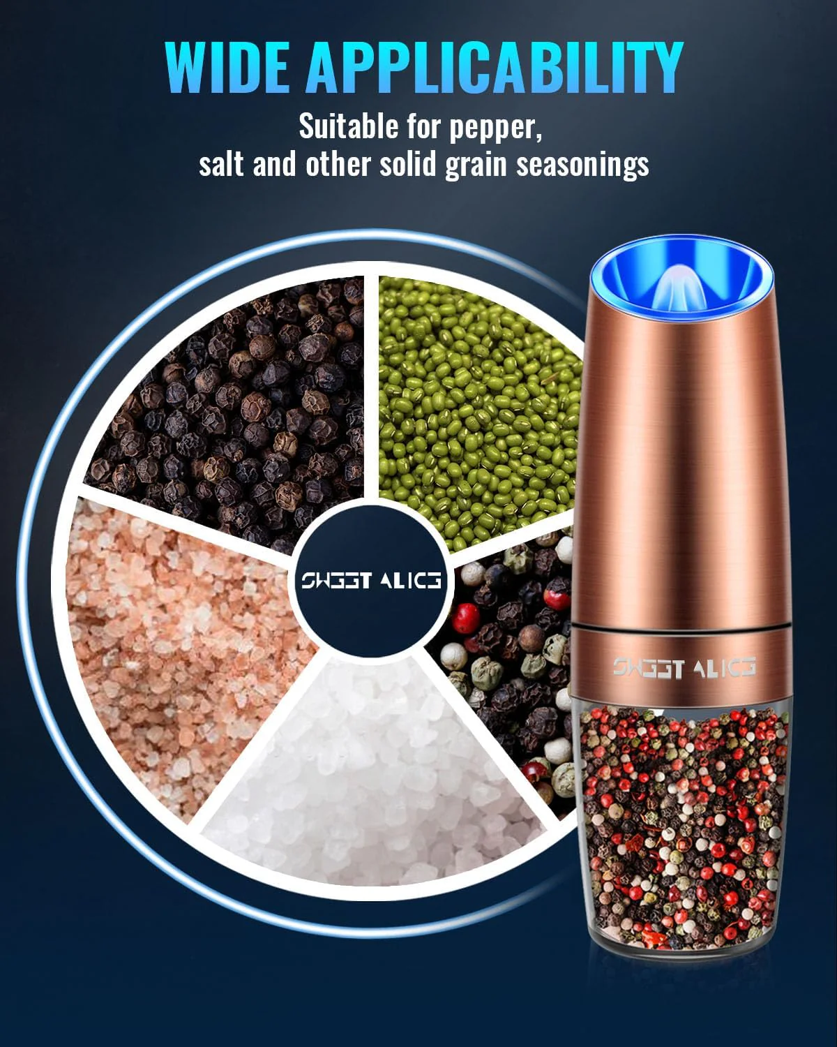 Electric Salt & Pepper Grinder Set, Adjustable Coarseness, LED, One-Hand Use, Stainless Steel 2-Pack