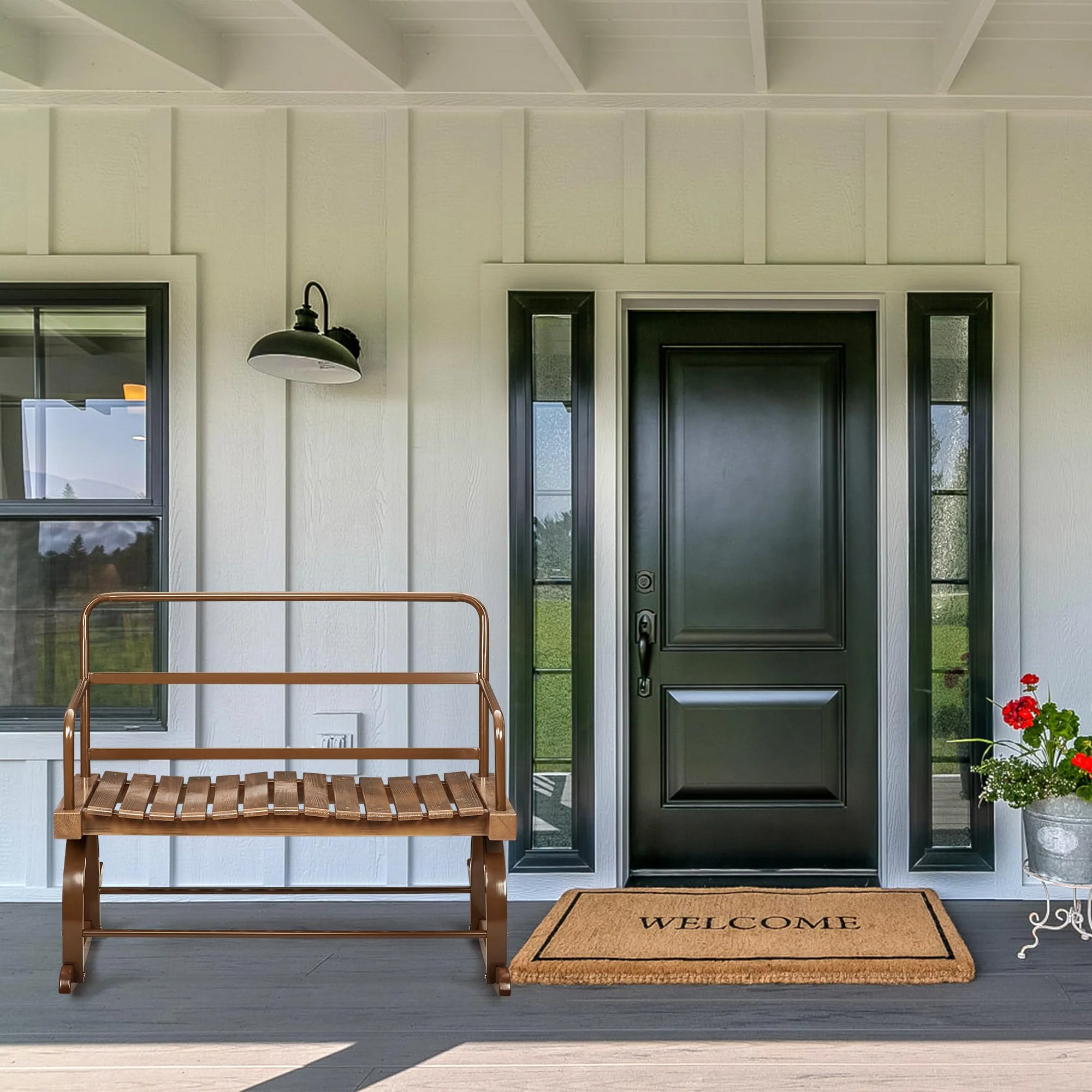 Garvee 2-Person Rocking Chair, Outdoor Lawn Chairs,Wooden Seat Porch Rocker Chair, Outdoor/Indoor Patio Rocker Chair for Garden Lawn, Ironwood Rocking Chair, Yellow/Liver Color