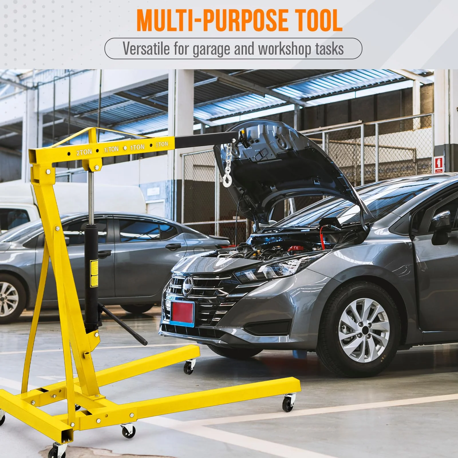 Garvee 2-Ton Folding Hydraulic Engine Hoist - Heavy-Duty Engine Crane with Leveler, Telescopic Boom, and 6 Casters for Garage, Workshop, and Warehouse, Yellow