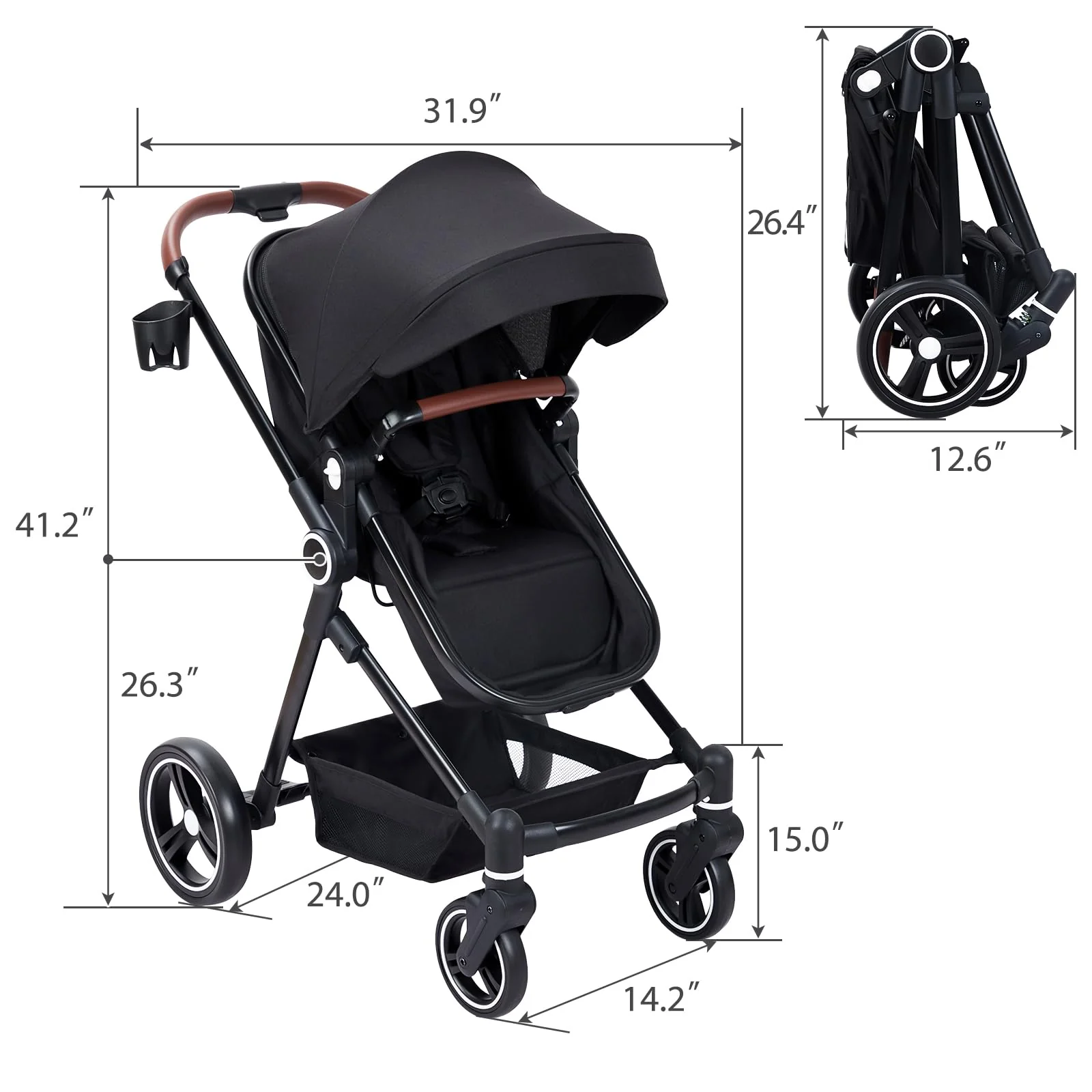 Garvee 2 in1 Baby Stroller, High Landscape Infant Stroller, Reversible Bassinet Pram Stroller, Pushchair Adjustable Backrest & Canopy, Foldable Aluminum Alloy Anti-Shock Stroller for Newborn (Black)