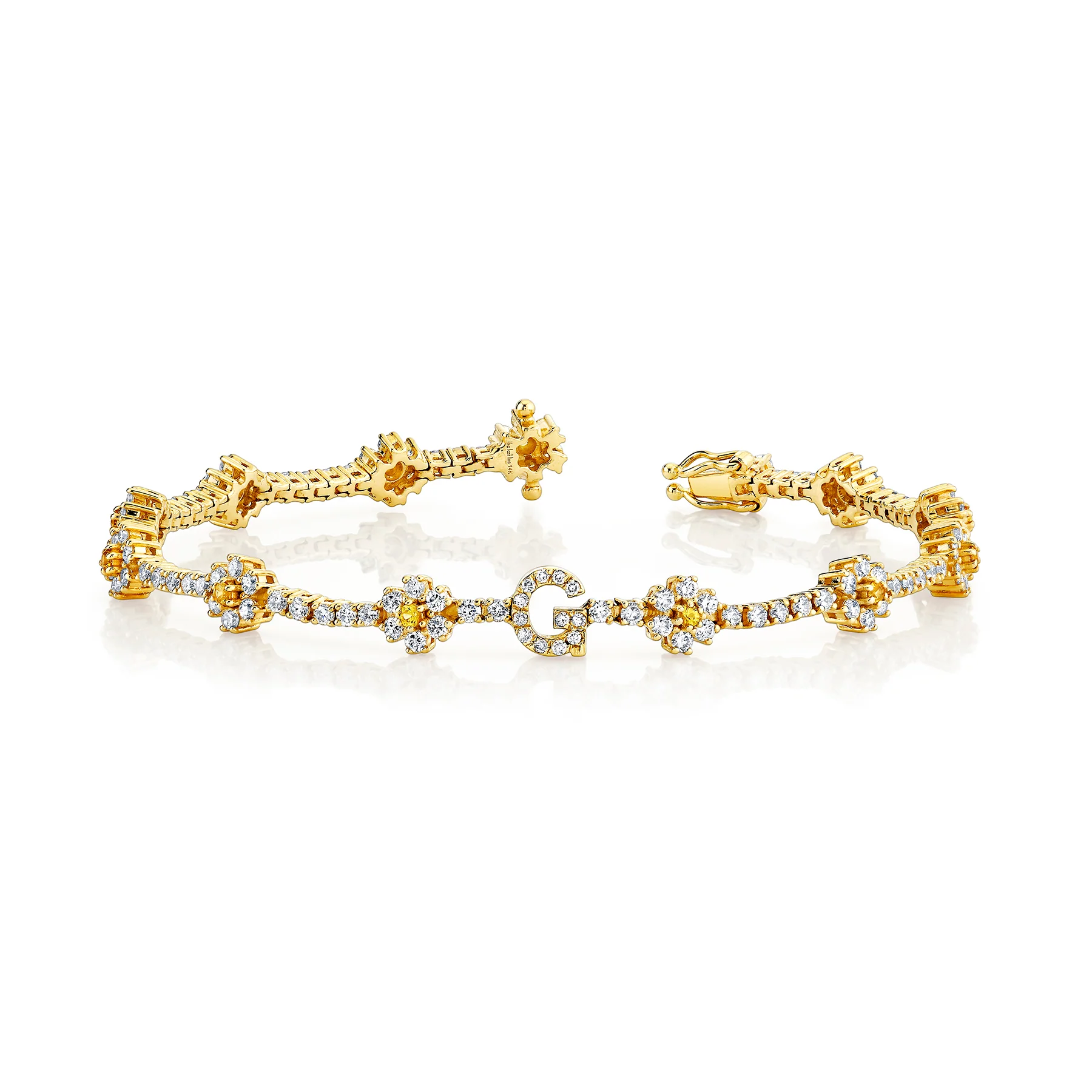 Personalized Diamond Flower Tennis Bracelet - White Diamond and Yellow Sapphire / 14k Yellow Gold