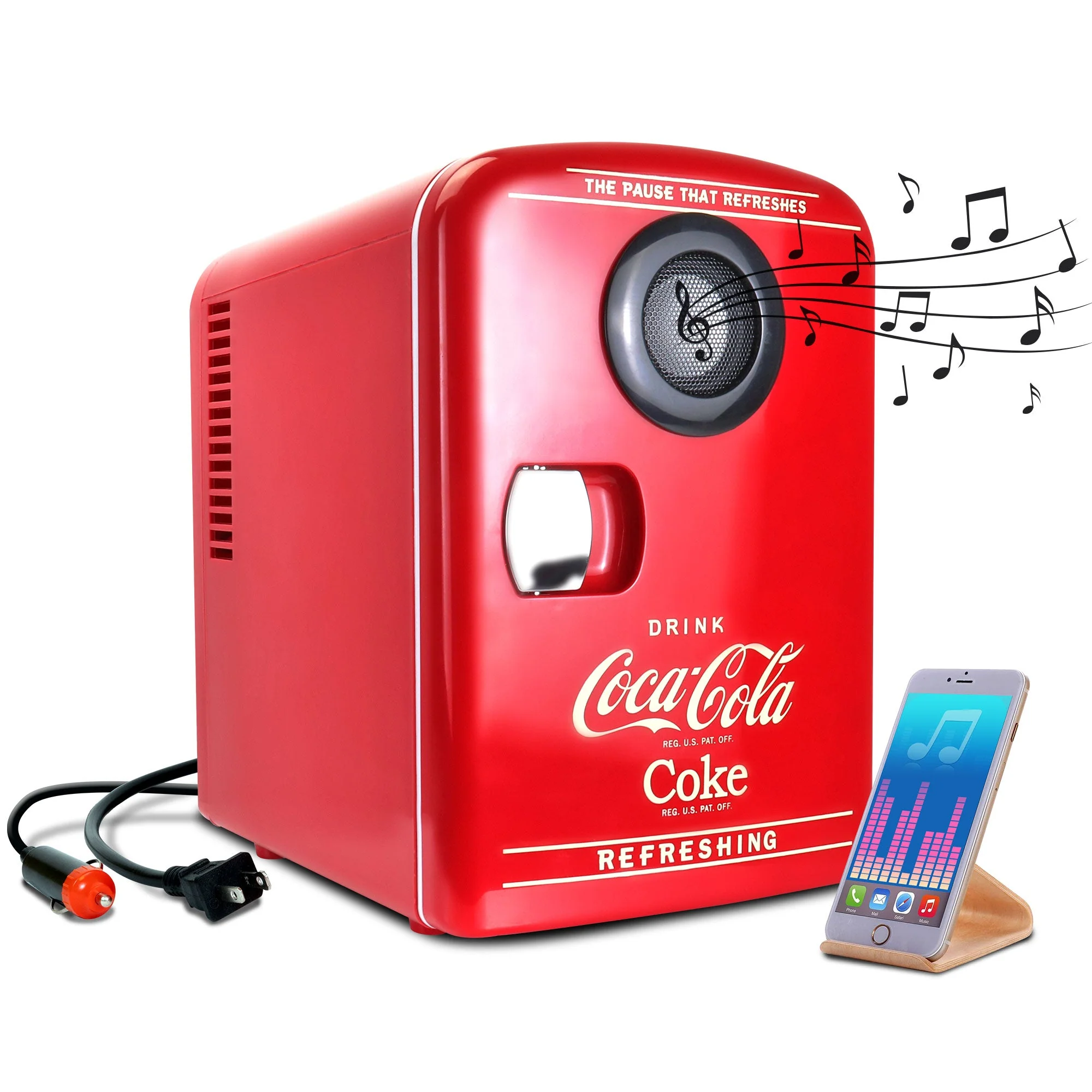 Coca-Cola 4L Cooler/Warmer w/ Bluetooth Speaker, Includes 12V DC and 110V AC Cords, 6 Can Portable Mini Fridge w/ Built-In Wireless Speaker, Unique Desk Accessory for Home Office Dorm, Red