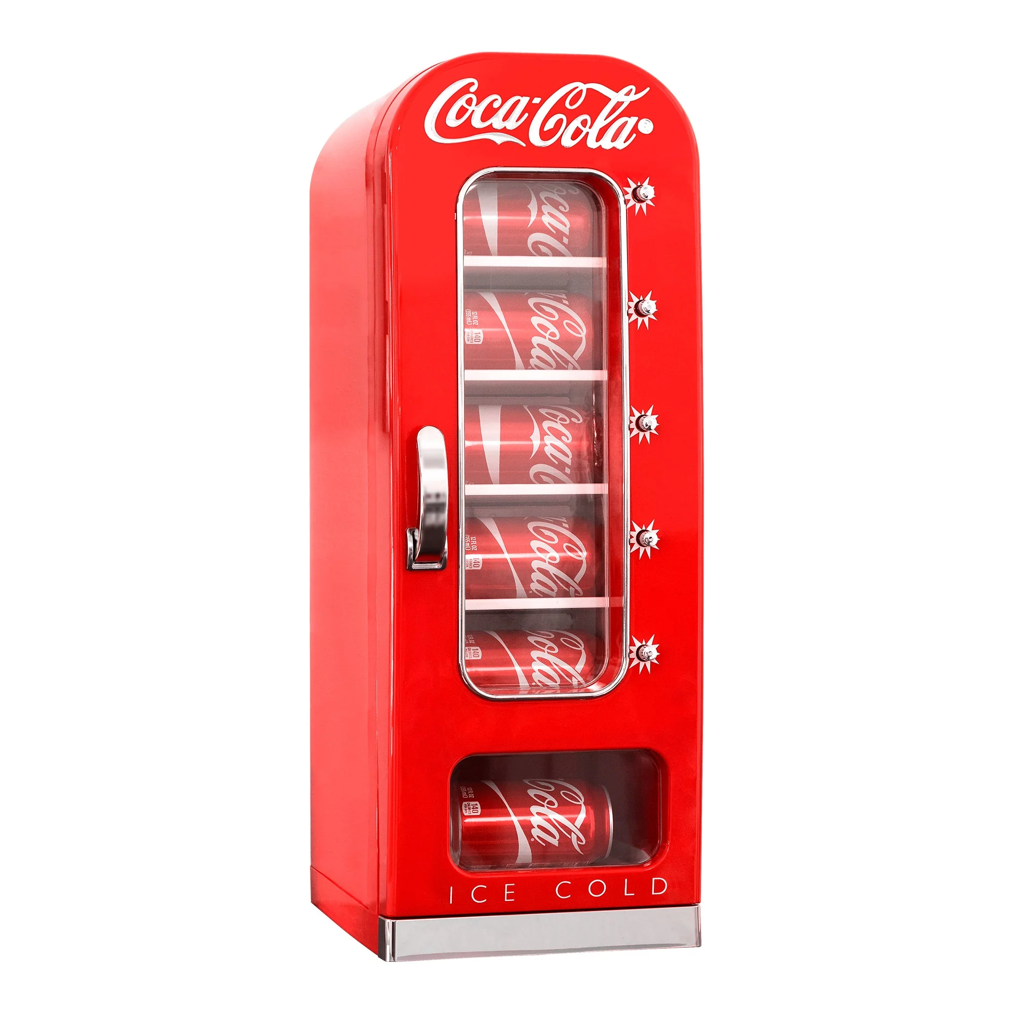 Coca-Cola Vending Machine Mini Fridge w/ 12V DC 110V AC Cords, 10 Can Cooler w/ Display Window and Push-Button Vending Action, Red, Unique Portable Beverage Fridge for Soft Drink Cans