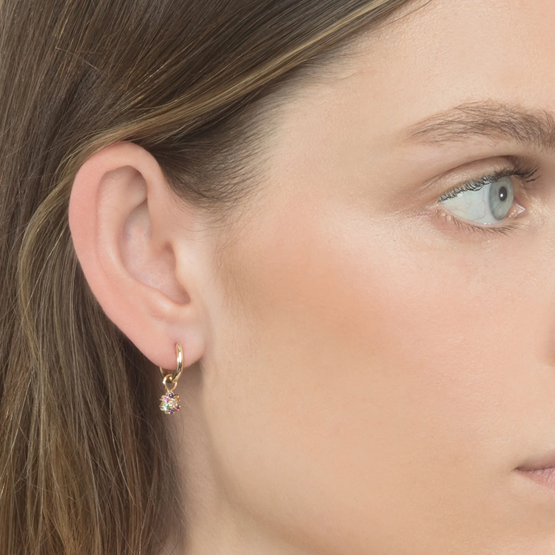 Flower Hoop Earring Charm - Rainbow / 14k Yellow Gold