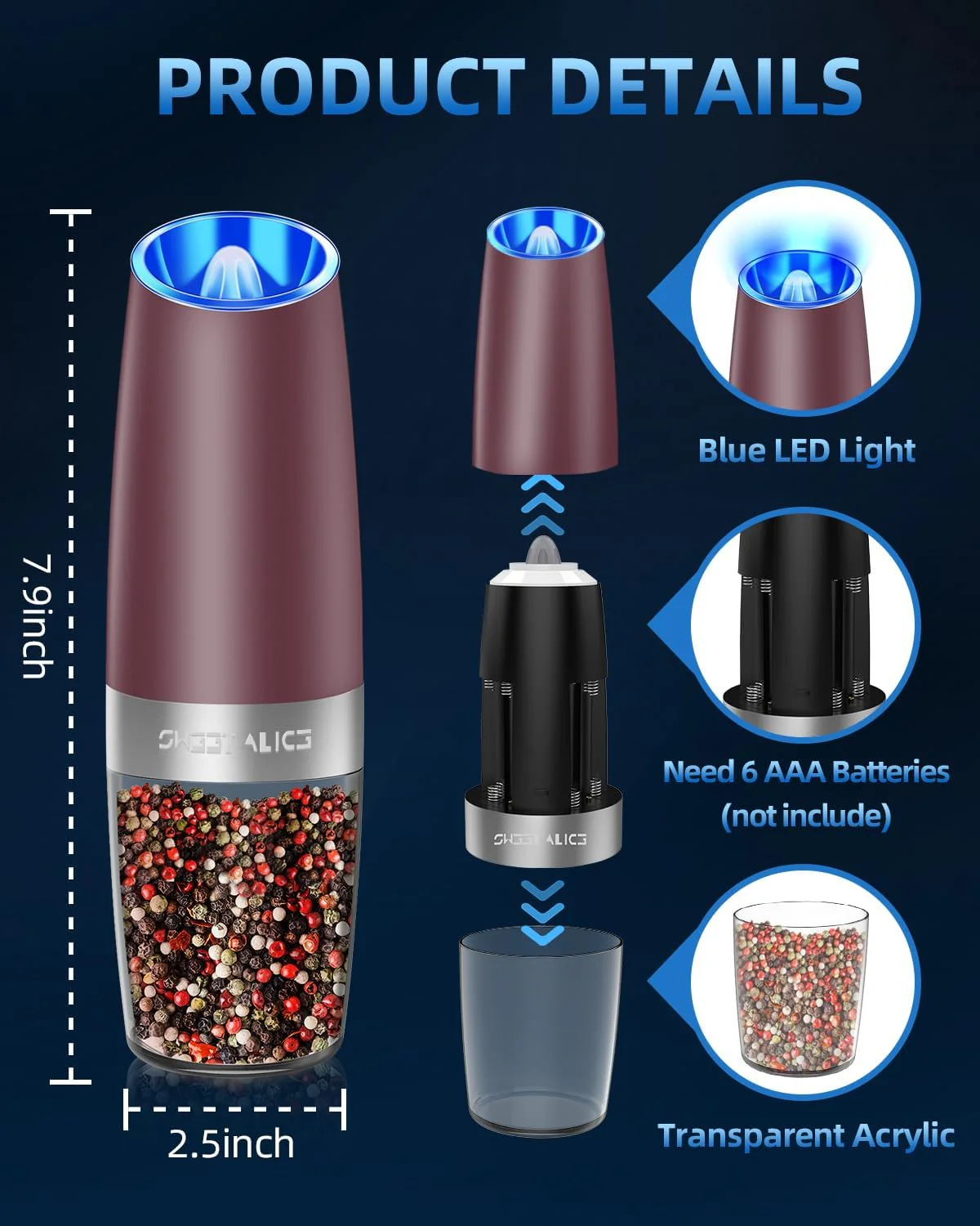 Electric Salt & Pepper Grinder Set, Adjustable Coarseness, LED, One-Hand Use, Stainless Steel 2-Pack