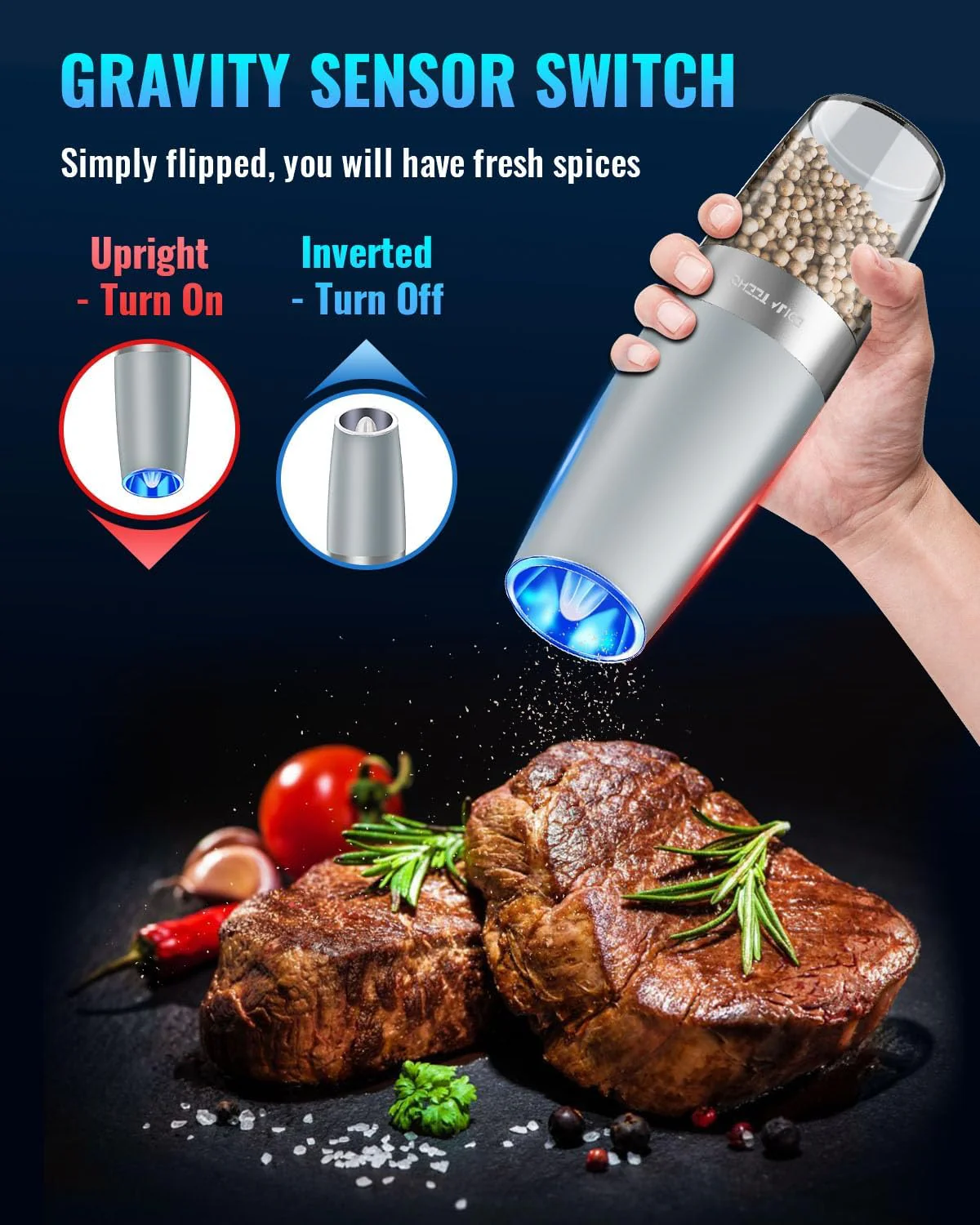 Electric Salt & Pepper Grinder Set, Adjustable Coarseness, LED, One-Hand Use, Stainless Steel 2-Pack