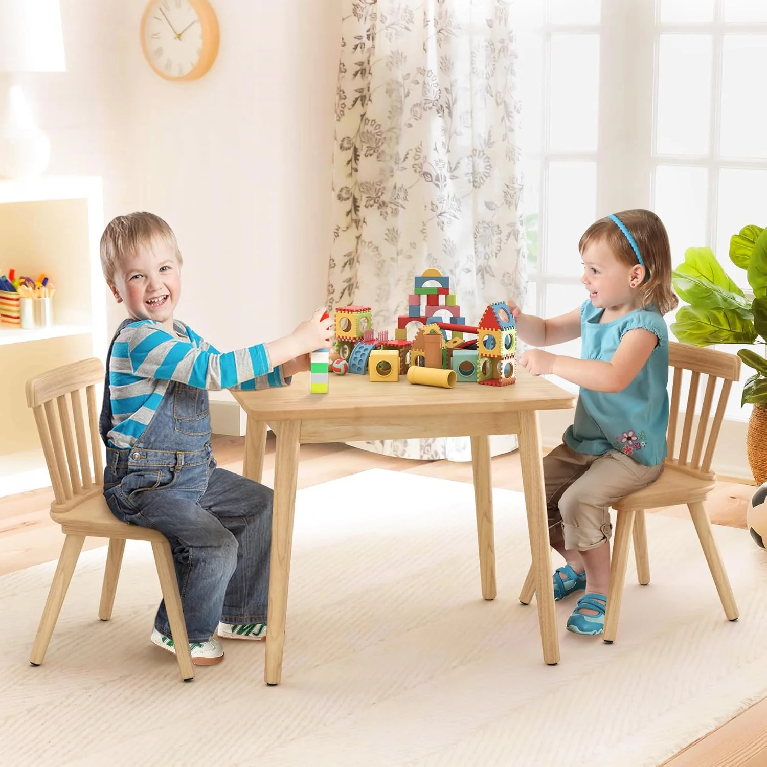 Kids Table and Chair Set - Rubberwood with Non-Slip Legs and Round Edges