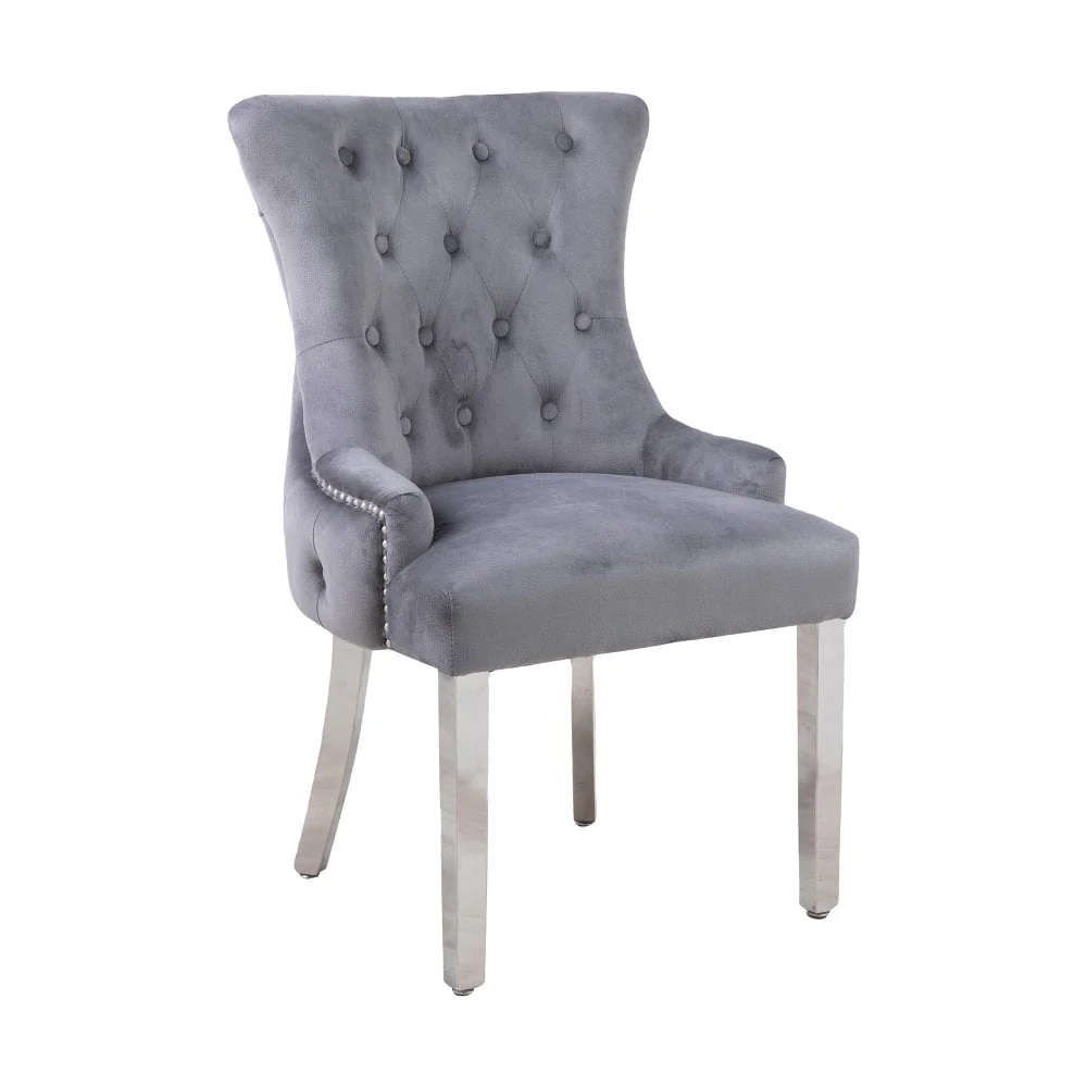 Set of Two Neo Grey Studded Velvet Dining Table Chairs with Mirrored Legs