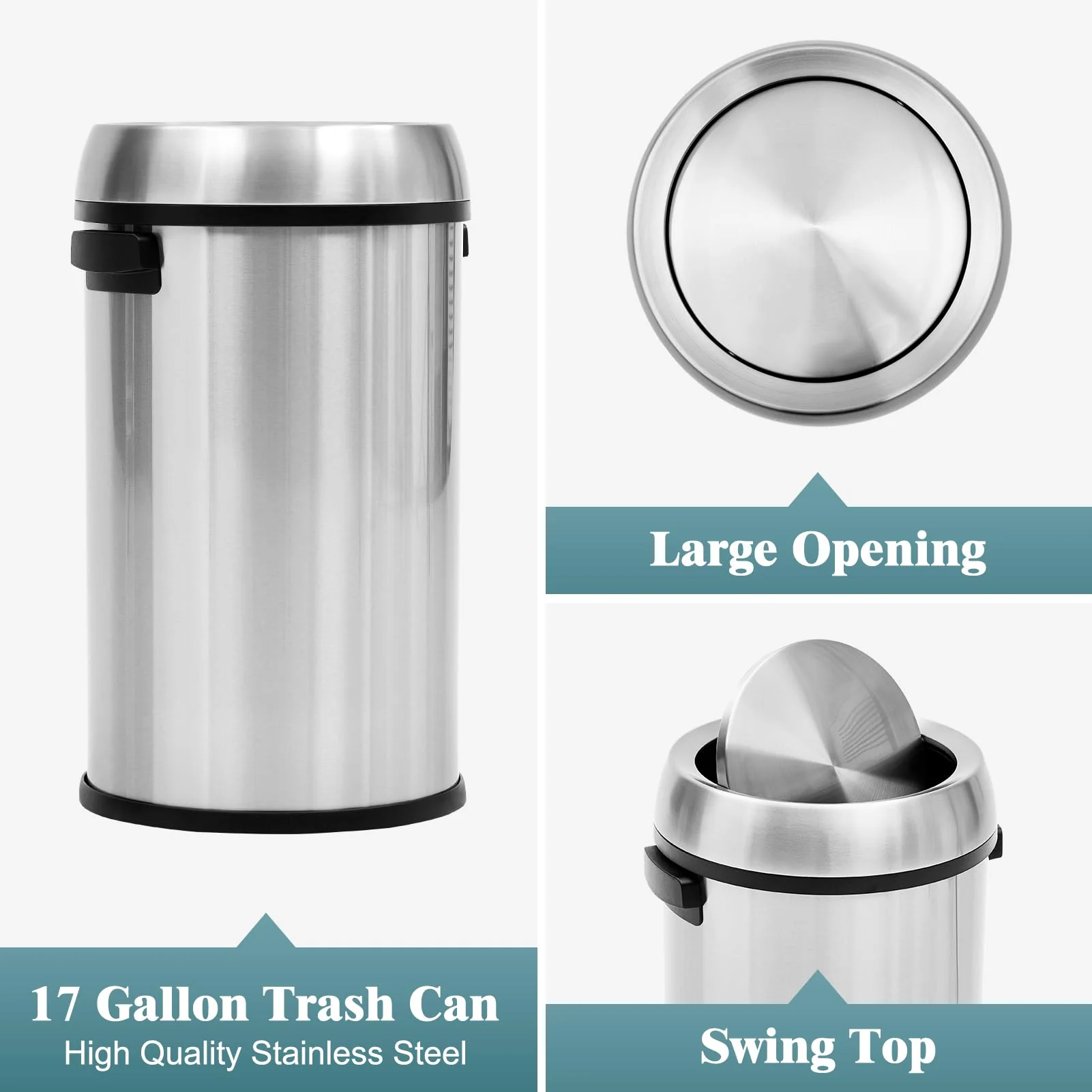 Garvee 17 Gallon Swing Open Trash Can, Round Stainless Steel Trash Can, Commercial Trash Can