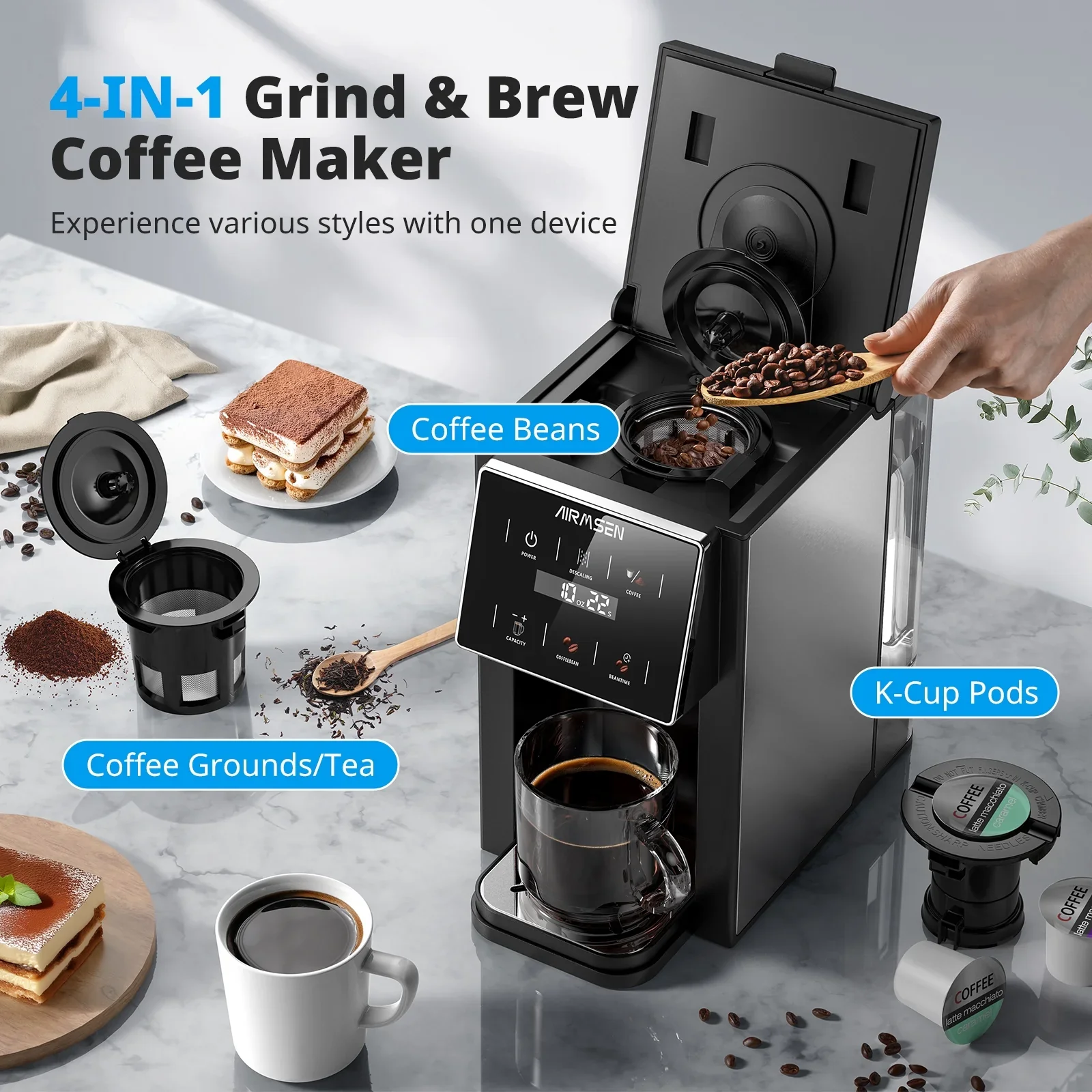 AIRMSEN Grind & Brew Coffee Maker with Grinder