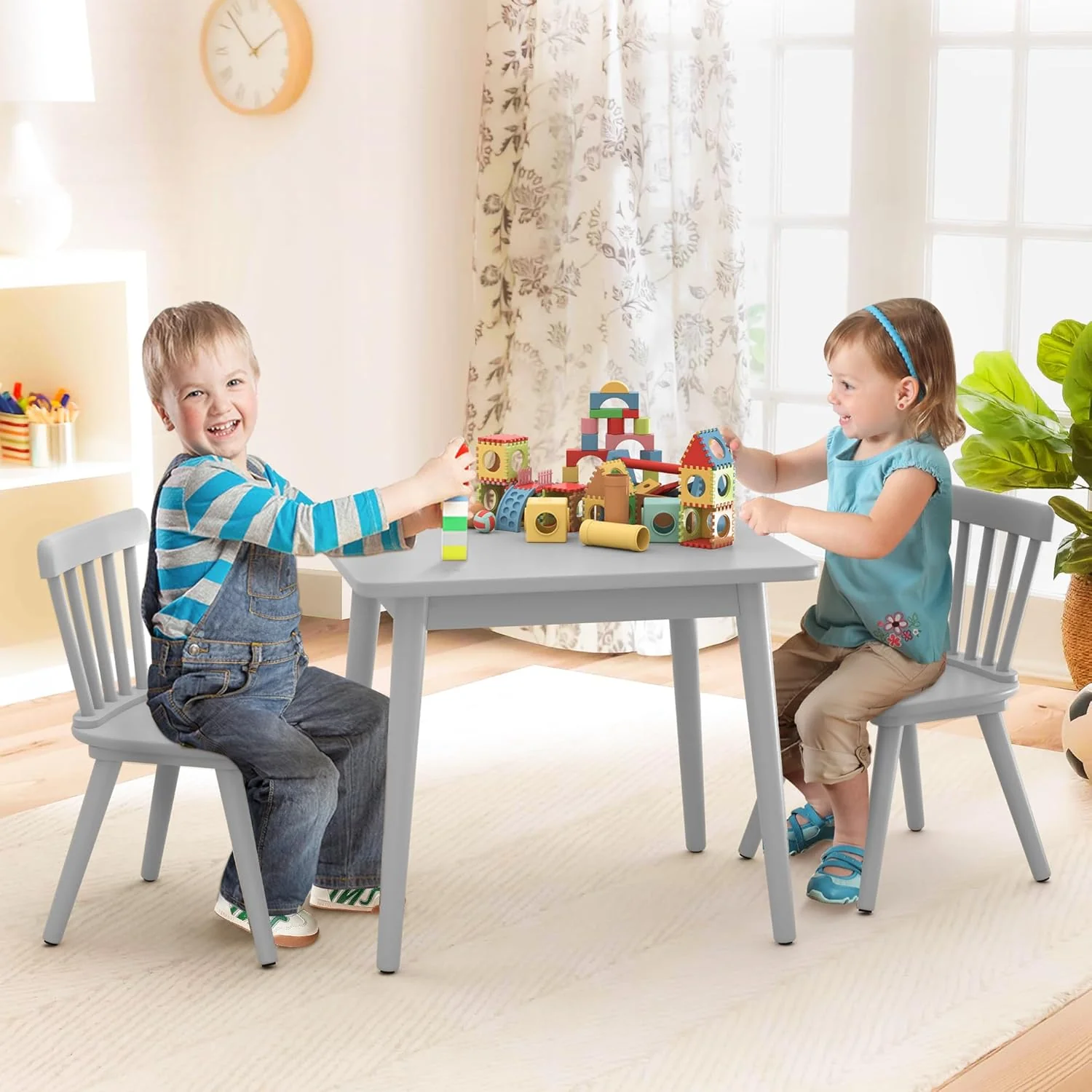 Kids Table and Chair Set - Rubberwood with Non-Slip Legs and Round Edges