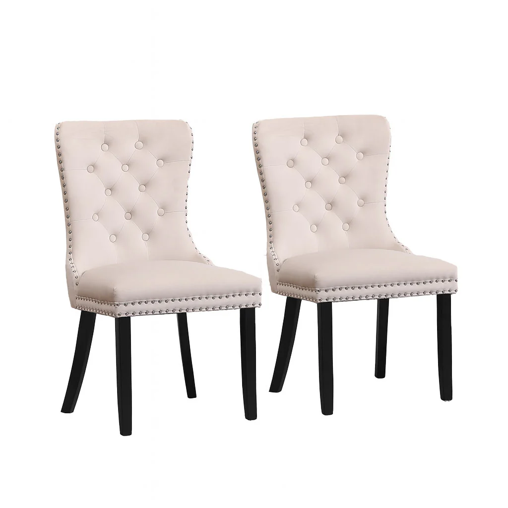 Neo Set Of Two Studded Natural Velvet Dining Chairs with Ring Knocker Detail