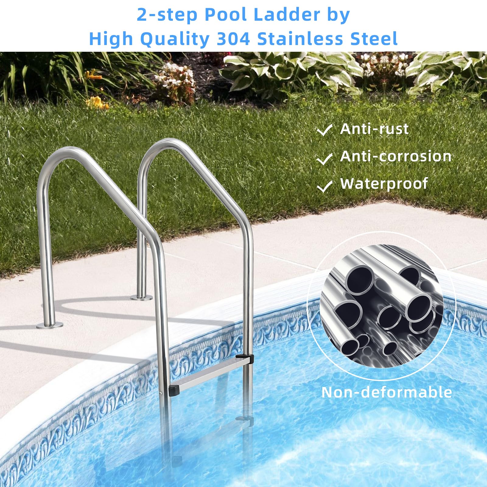 Garvee 2-Step 304 Stainless Steel Pool Ladder with Handrails - Heavy Duty, Corrosion Resistant, Ergonomic Design for Above Ground Pools