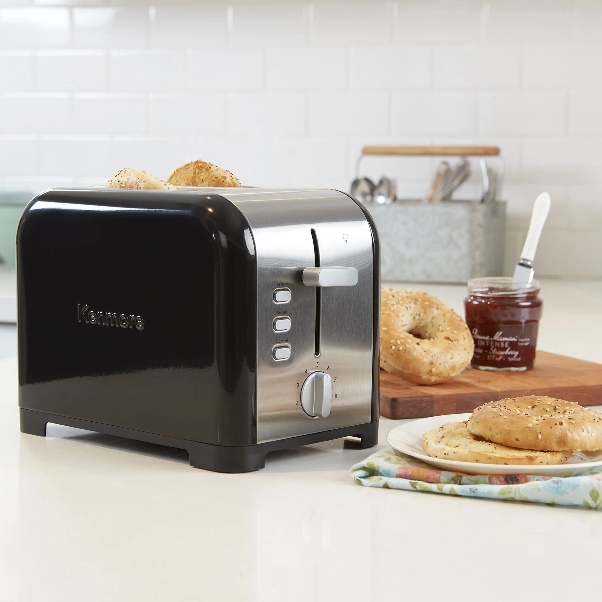 Kenmore 2-Slice Stainless Steel Toaster, Black & Silver, Extra Wide Slots, Bagel & Defrost Functions, 9 Browning Levels, Removable Crumb Tray, For Bread, Toast, English Muffin, Toaster Strudel