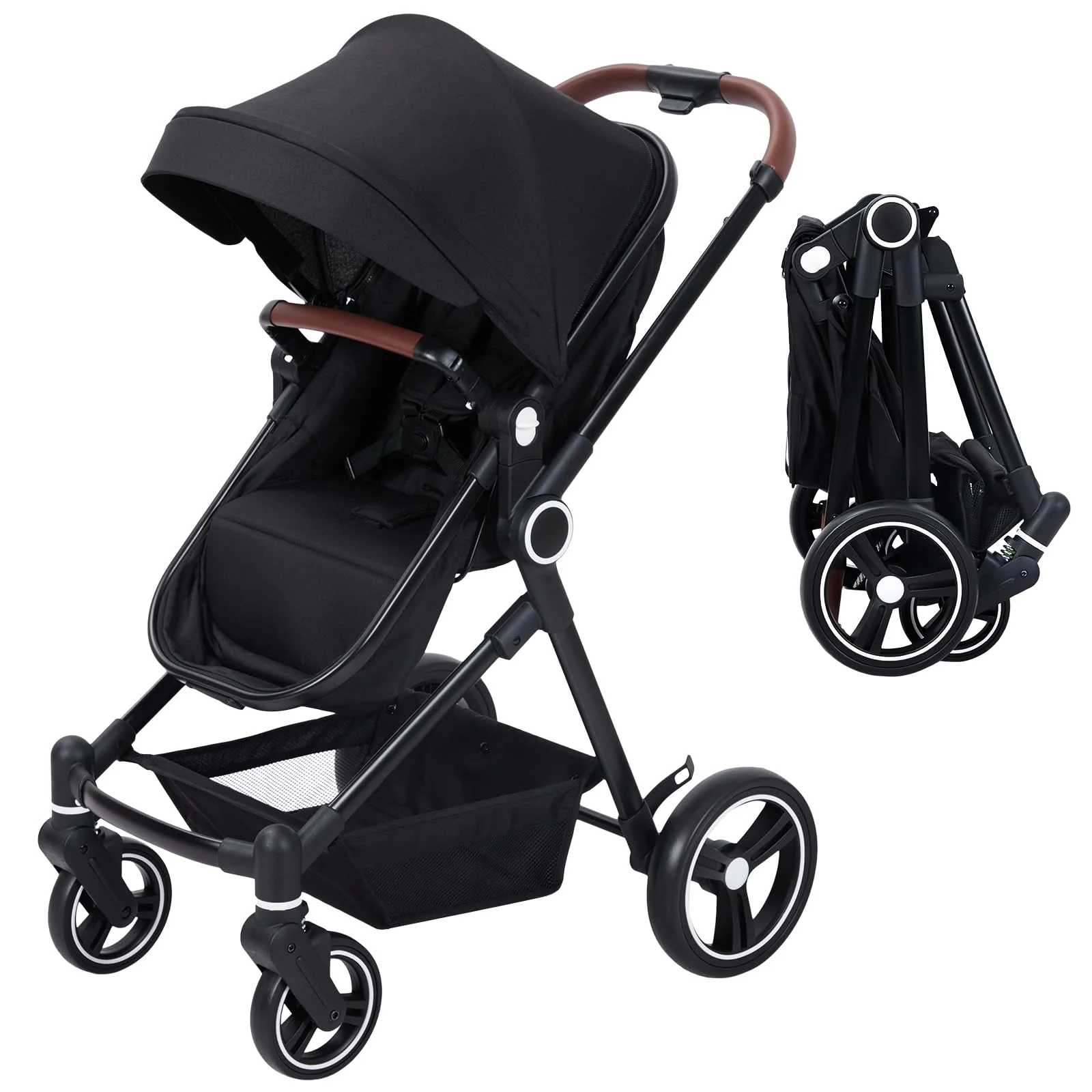 Garvee 2 in1 Baby Stroller, High Landscape Infant Stroller, Reversible Bassinet Pram Stroller, Pushchair Adjustable Backrest & Canopy, Foldable Aluminum Alloy Anti-Shock Stroller for Newborn (Black)