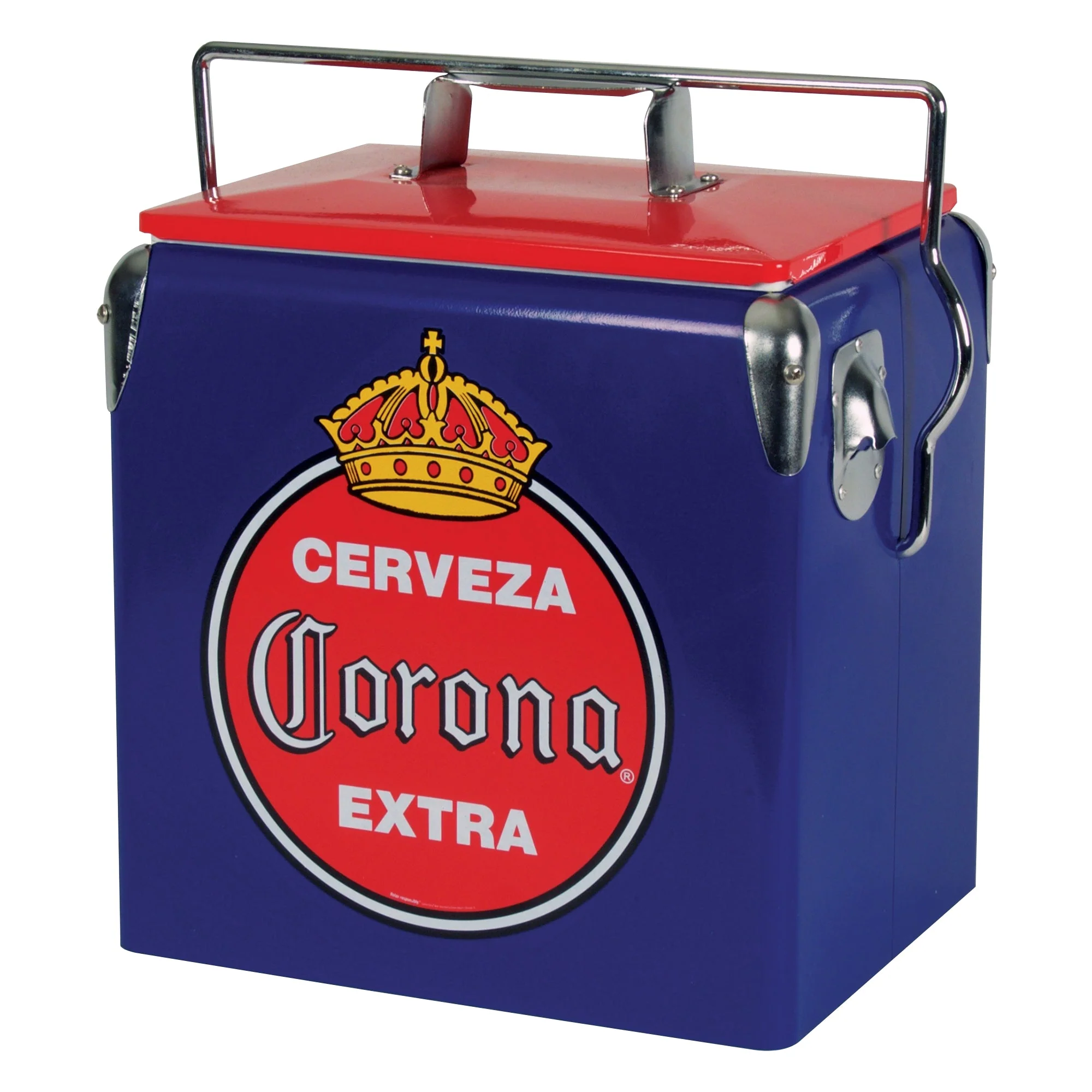 Corona Retro Ice Chest Cooler with Bottle Opener 13L (14 qt), 18 Can Capacity, Blue and Red, Vintage Style Ice Bucket for Camping, Beach, Picnic, RV, BBQs, Tailgating, Fishing