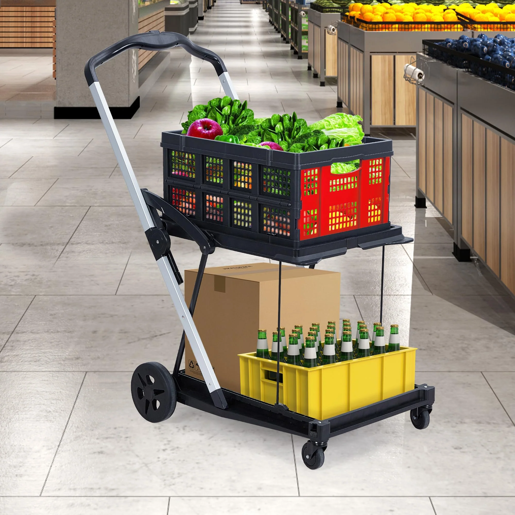 Garvee 2-Tier Portable Utility Shopping Cart Waterproof Basket Liner Foldable Lightweight Aluminum Frame 360° Wheels Locks for Groceries Laundry