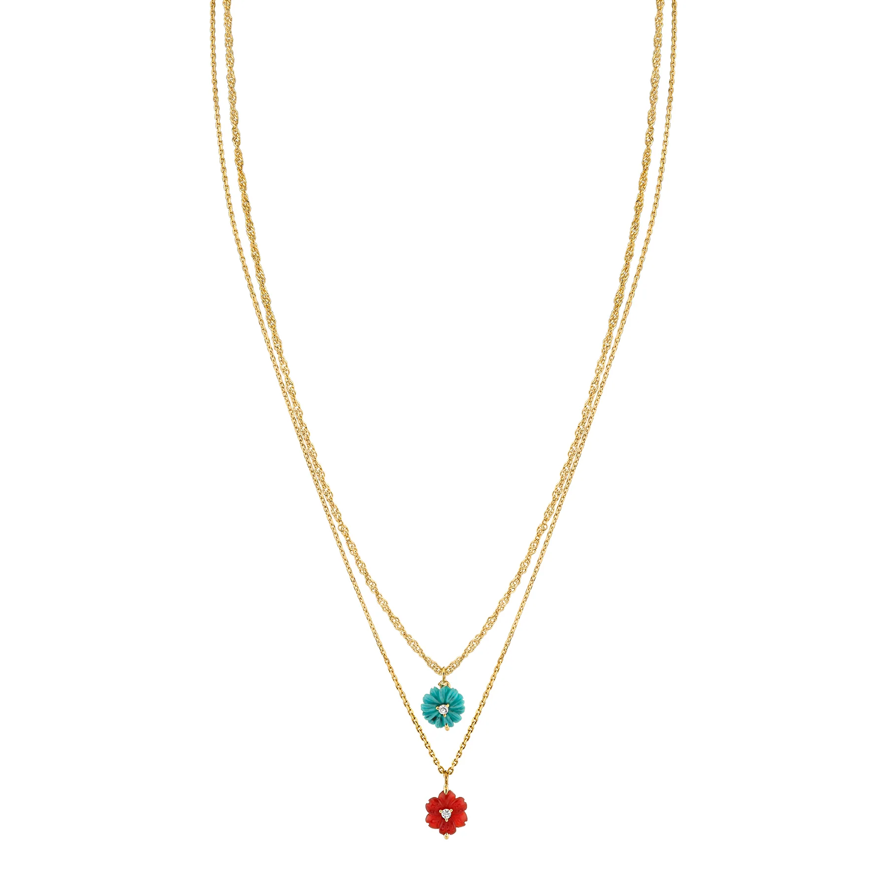 Double Drop Carved Flower Necklace - White Diamond and Turquoise / 14k Yellow Gold