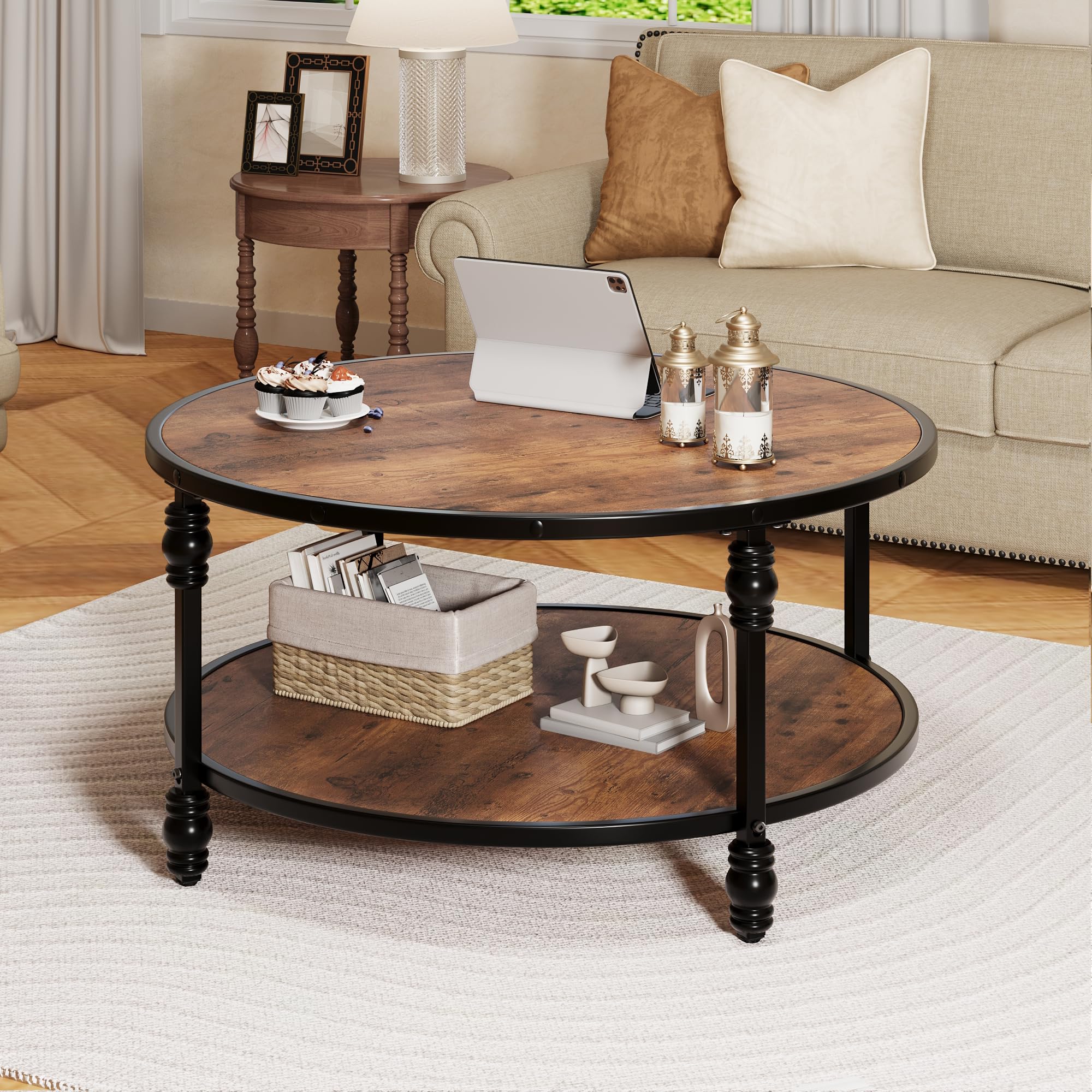Garvee 2-Tier Coffee Table Vintage Coffee Table with Wood Grain Design Stable Coffee Table with Thickened Roman Column Metal Legs Elegant Coffee Table for Living Room (Diameter 34.5 inches)