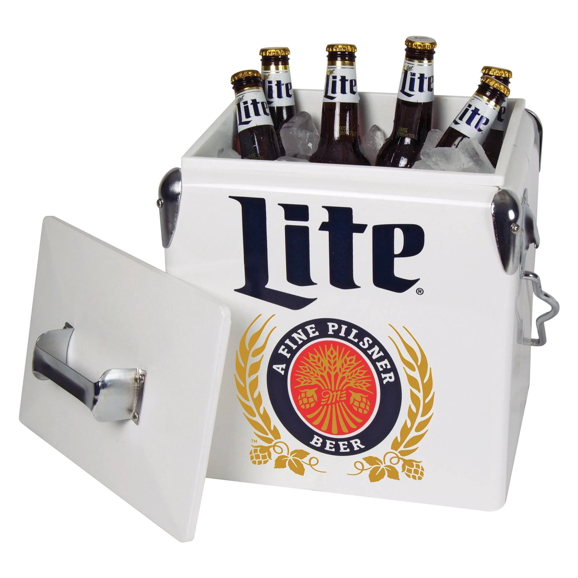 Miller Lite Retro Ice Chest Cooler with Bottle Opener 13L (14 qt), 18 Can Capacity, Blue and Red, Vintage Style Ice Bucket for Camping, Beach, Picnic, RV, BBQs, Tailgating, Fishing
