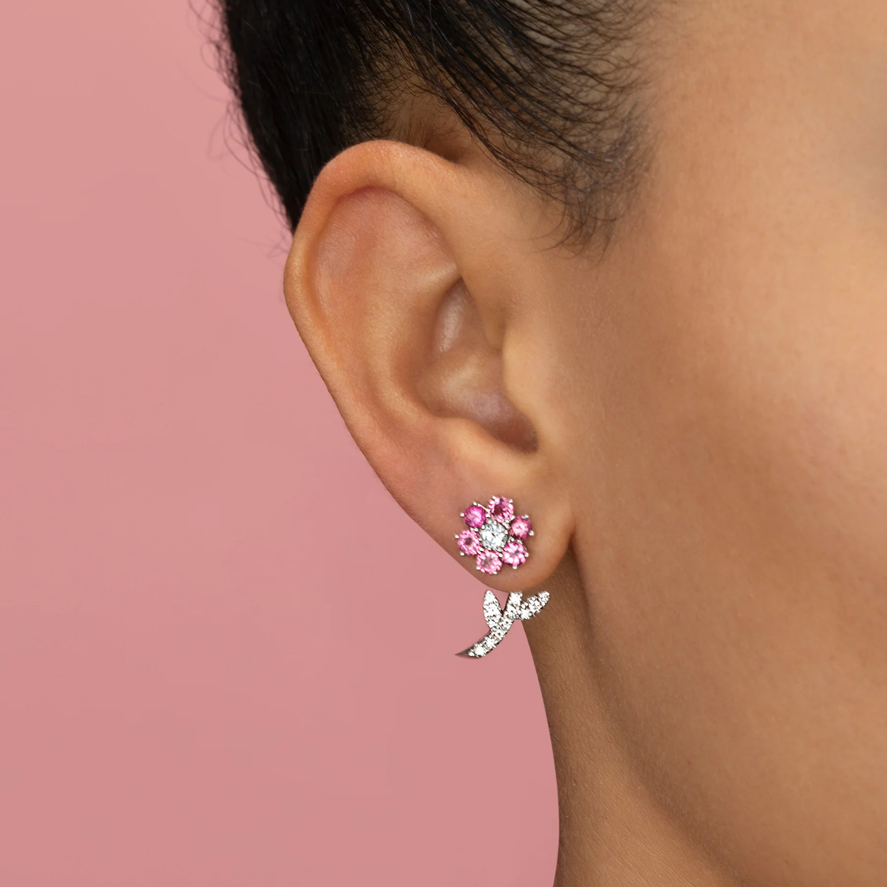 Goldie Flower Earring - White Diamond and Pink Topaz / Sterling Silver